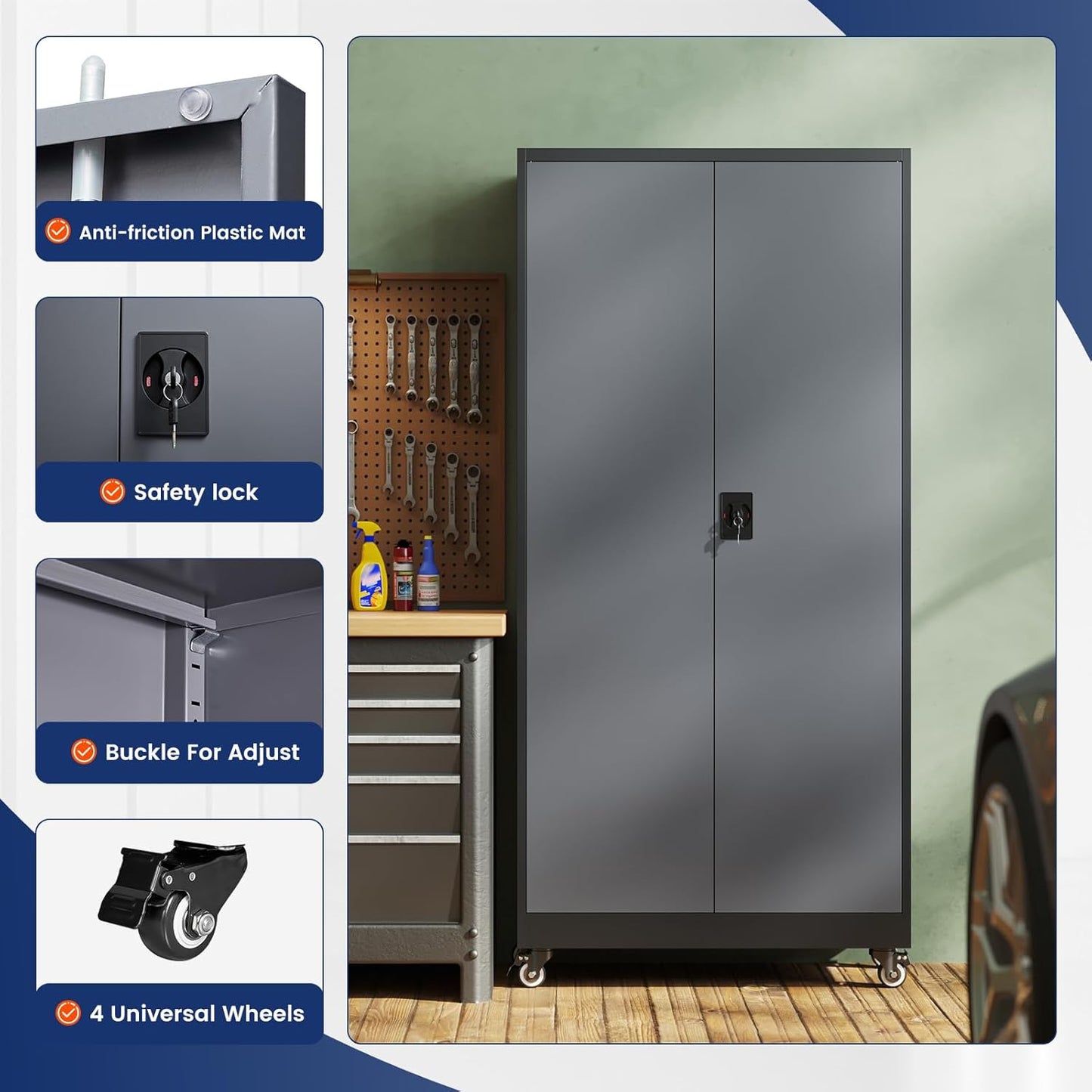 Yizosh Metal Garage Storage Cabinet with Locking Doors and Adjustable Shelves,- 75" Rolling Steel Tool Cabinet for Home Office,Garage,Warehouse