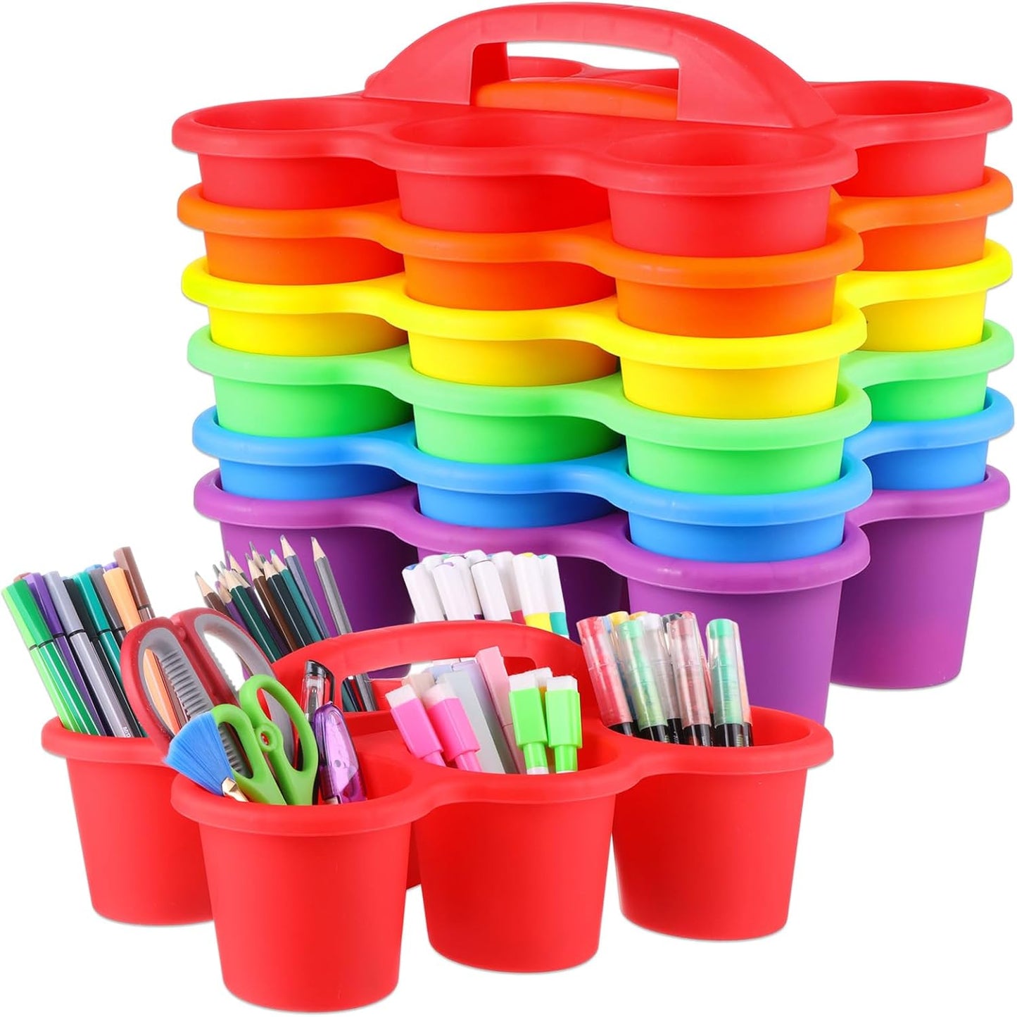 6 Pack Classroom Caddy Organizer with Handle Colorful Plastic Table Caddy Drink Cup Caddies Holder 12×9×3.5 Inches Storage School Supplies 6 Compartments for Table Crayon Pencil Cup Marker Craft