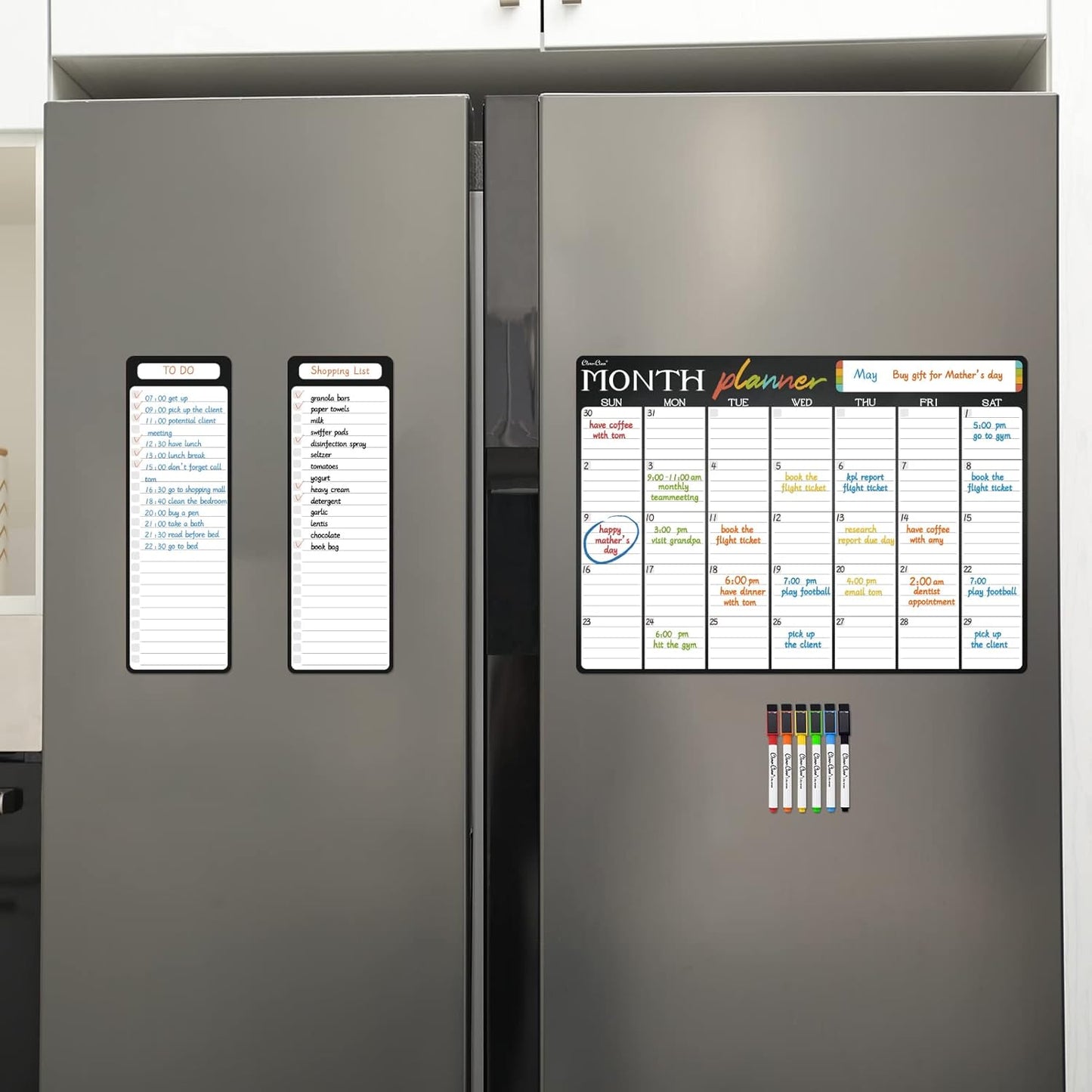 Magnetic Dry Erase Monthly Calendar - 17"x12" Monthly Calendar for Fridge - 4"x12" List Board 2 Pcs - 6 Extra Fine Point Markers Included - Shipped Flat