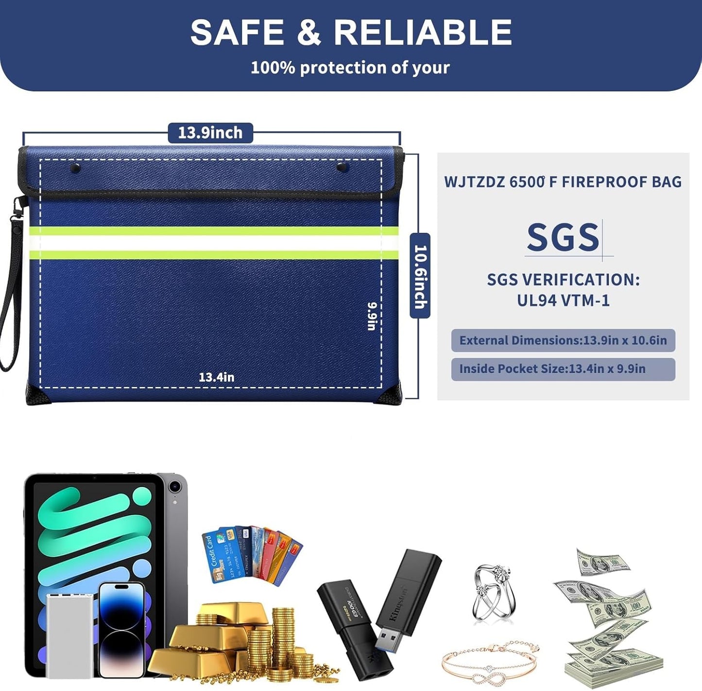 6500°F Fireproof Document Bag,Upgraded Fireproof/Waterproof Money Bag with Zipper/Reflective Strip,Storage Pouch for A4 Letter Size Document,Cash,Cell Phone,Passport