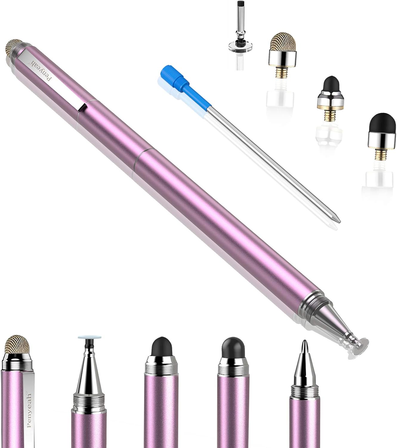 Penyeah 4-in-1 Stylus Pen for Touchscreens, Accurate & Versatile Capacitive Stylus Pen for iPhone,iPad,Android Phones,Tablets- Disc+Rubbe+Mesh Tips Universal for All Touch Screen Devices - Pinky Gold