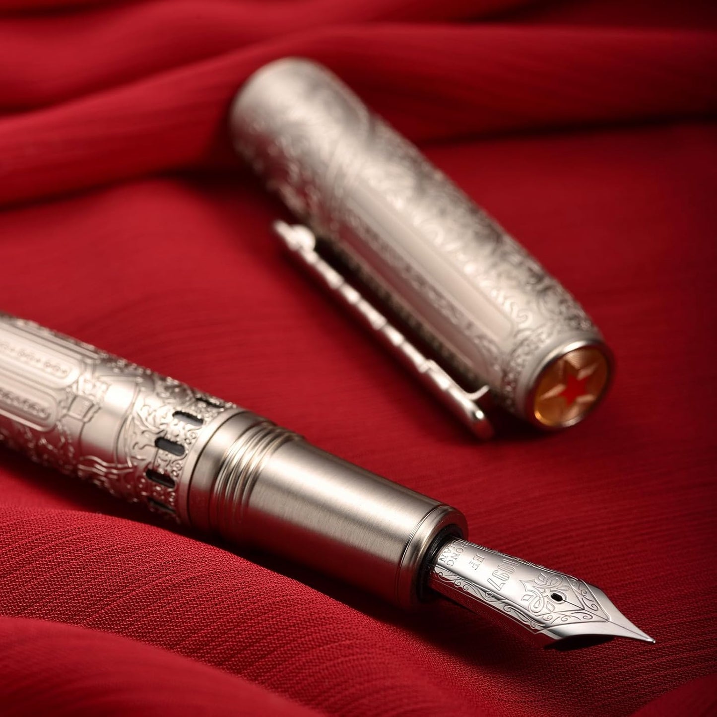 Hongdian 100 Silver Steel Piston Fountain Pen, Iridium Extra Fine Nib Calligraphy, Smooth Writing Pens, Nice Writing Pen for Men & Women