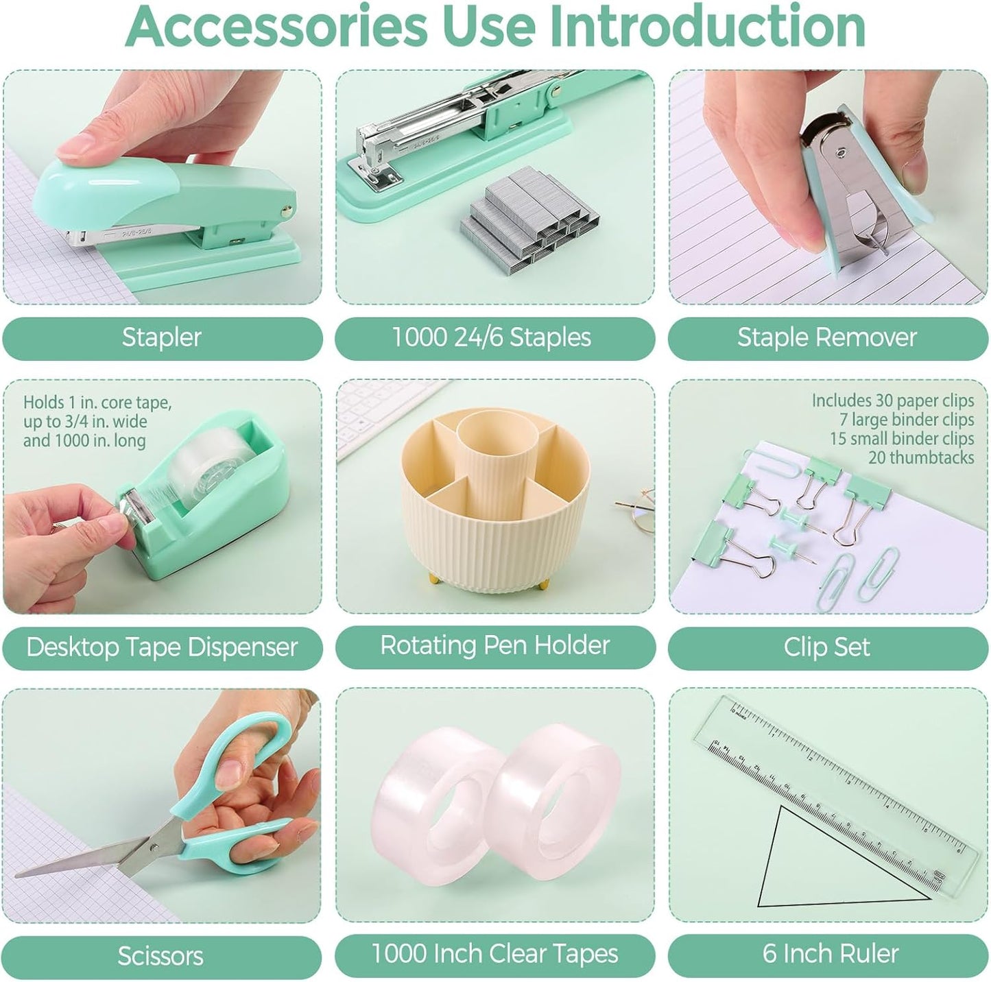 SKYDUE Teal Office Supplies Set, Office Desk Accessories 10Pcs, Pencil Holder for Desk, Stapler, Tape Dispenser, Scissors, Clips and 1000pcs Staples, School Supplies for Teacher