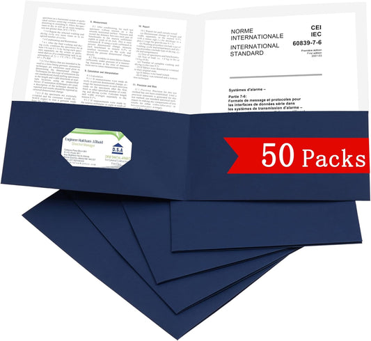 Zzrywuty 50 Packs Two Pocket File Folders with Business Card Slot,Textured Paper,Letter Size,Holds 100 Plus Sheets for School,Office,Business,Royal Blue