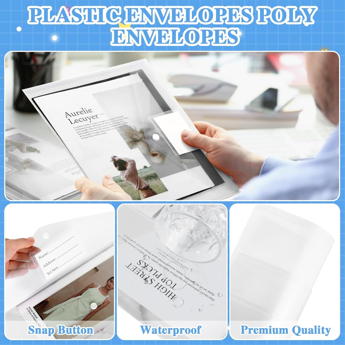 Yeaqee 50 Pcs Plastic Envelopes Poly Envelopes File Folders with Snap Button Closure Clear Folders for Documents US Letter A4 Size Filing Holder with Label Pocket for Home Office School(Transparent)