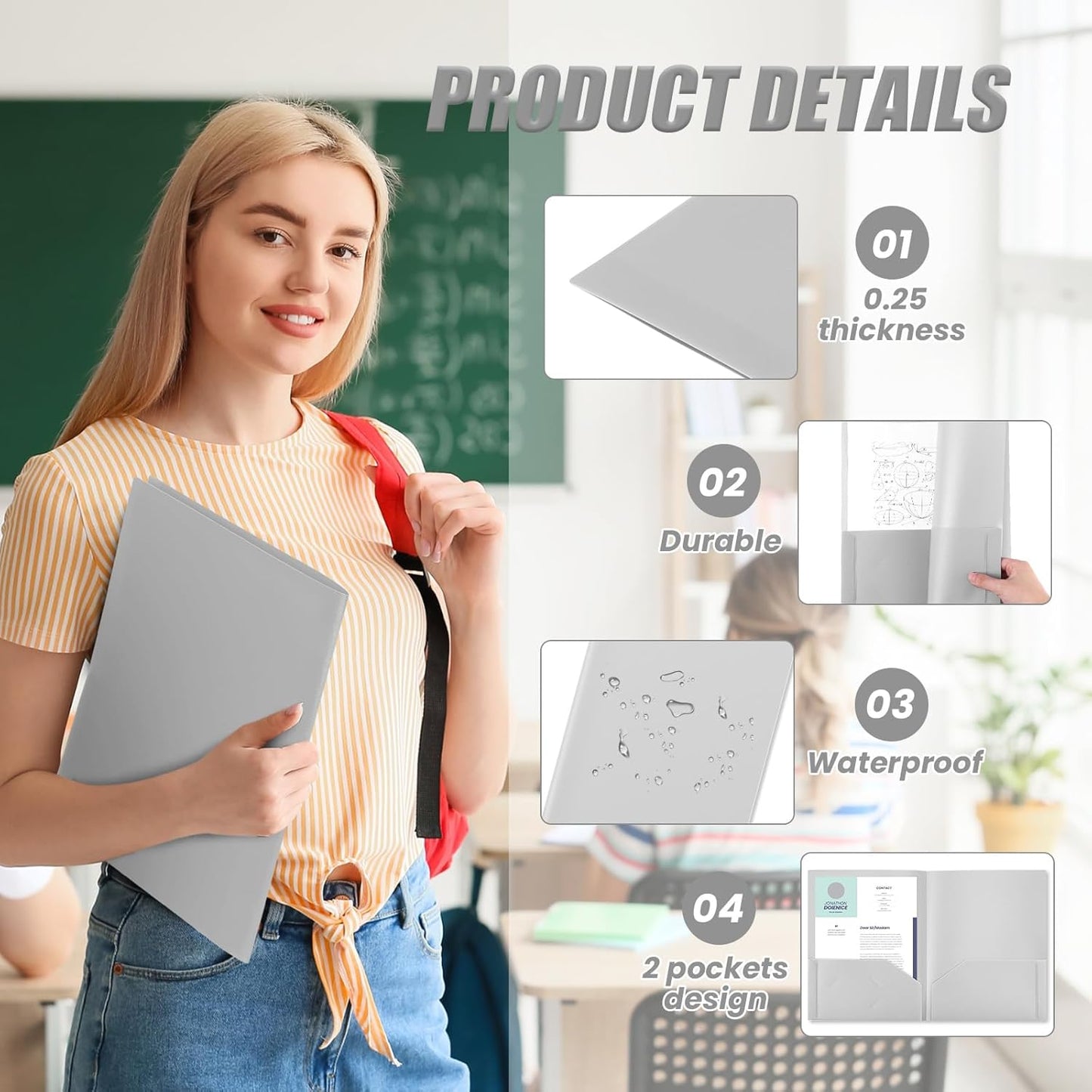 Gueevin 100 Pcs Two Pocket Folders Bulk Plastic File Folder with 2 Pockets Letter Size Paper Heavy Duty Durable Portfolios Case for Home Office School Business 11.61 x 9.45 Inch (Gray)
