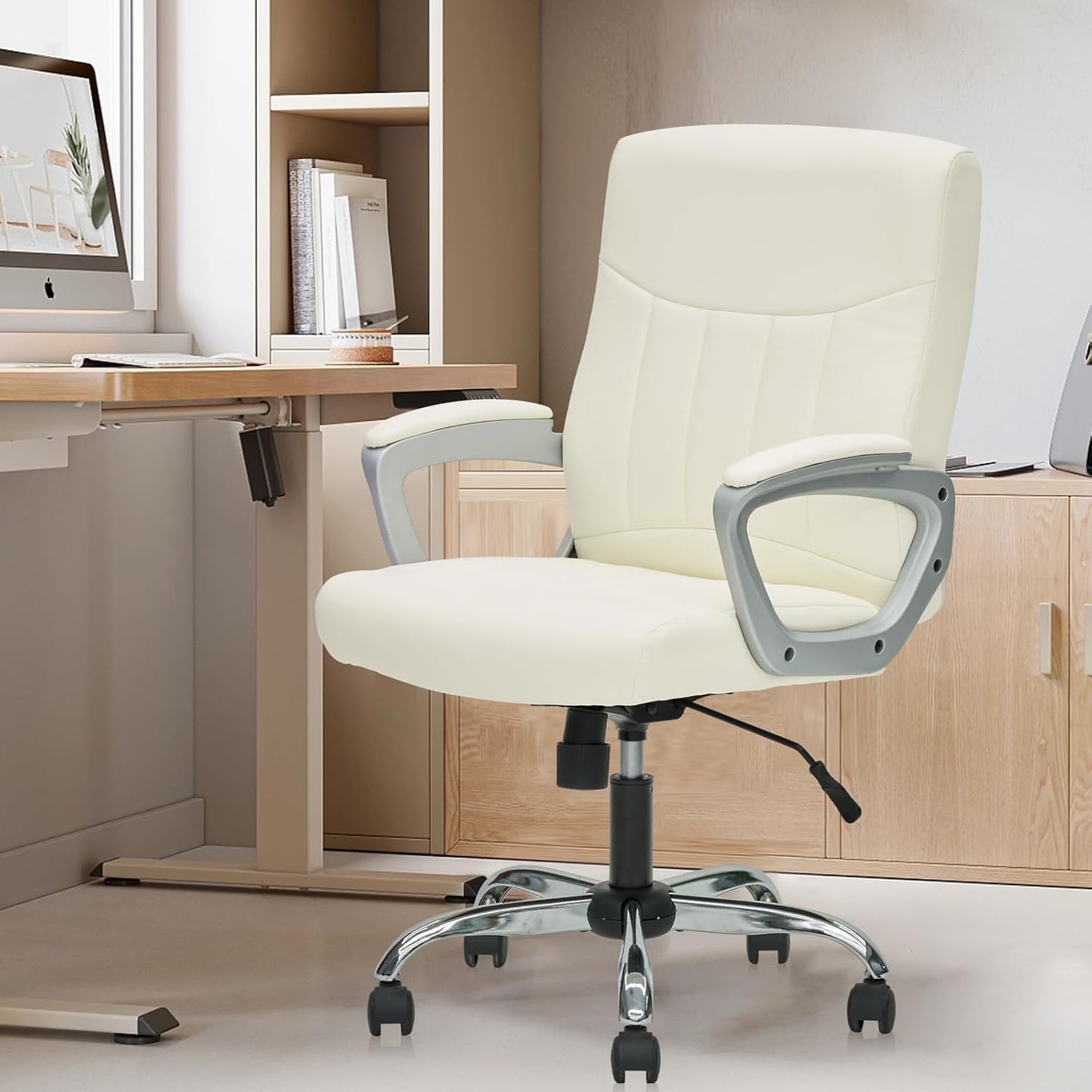 CLATINA Office Computer Desk Chair Executive Mid Back Ergonomic Managerial Chair with Lumbar Support Comfortable Adjustable PU Leather Home Office Chair Swivel, White 8PK