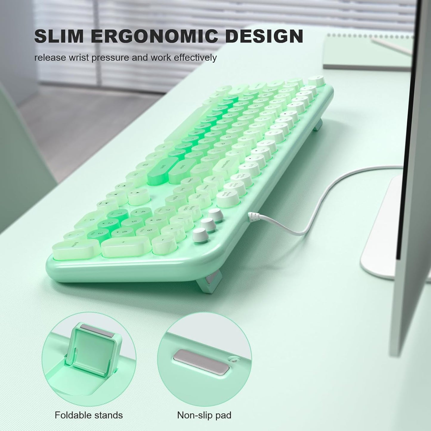 MOFII Backlit Keyboard Wired, Retro Typewriter Computer Keyboard with Numeric Keypad and Media, Cute Full Size USB Keyboard for Windows, Laptop, Desktop, PC (Green Colorful)