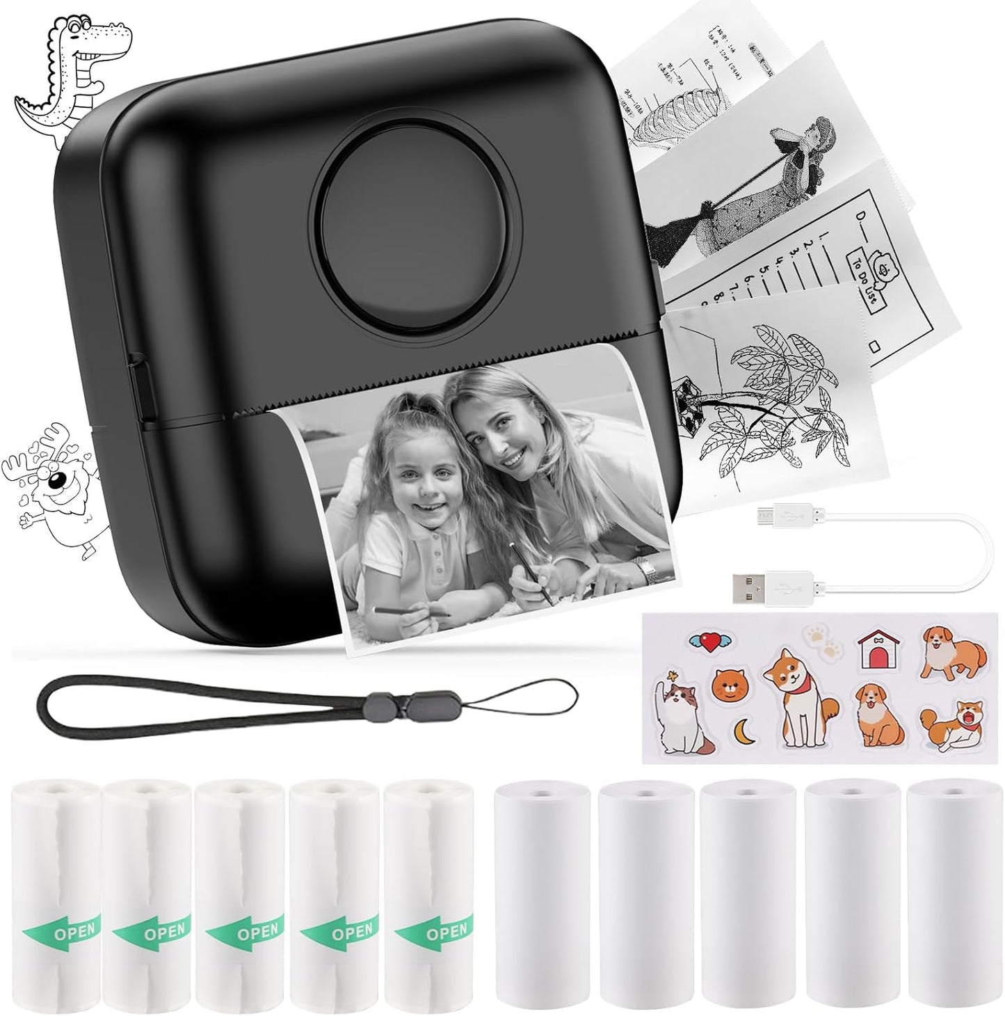HuiJuKeJi Mini Sticker Printer Bluetooth Smart Pocket Inkless Thermal Printer with 11 Rolls Thermal Paper and Sticker for iOS&Android, Portable Receipt Printer for Photo Journal Notes Memo