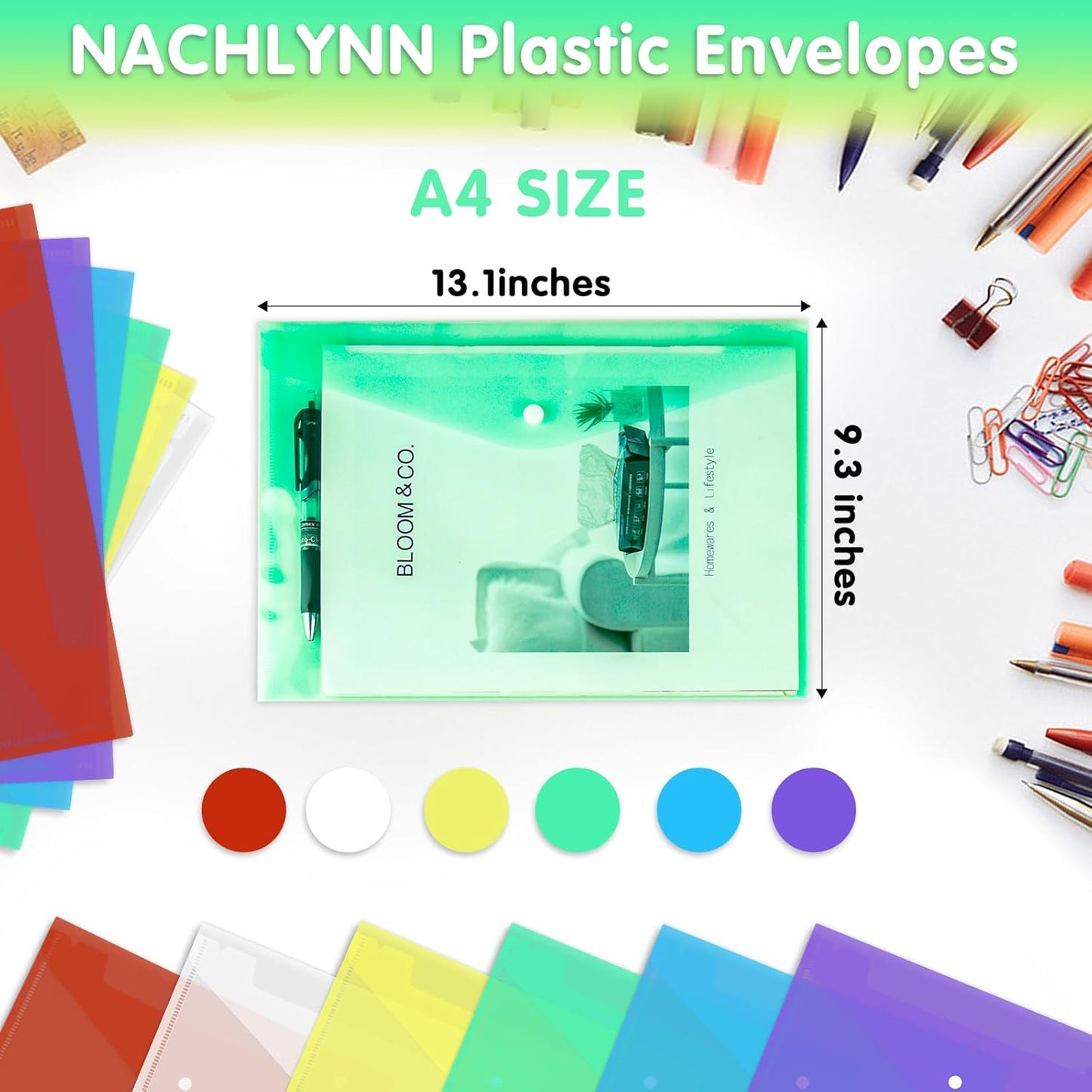 NACHLYNN 18 Pack Plastic Envelopes Poly Envelopes with Snap Closure A4 Size Clear Document File Folders Organizers Assorted Color File for School Office Supplies