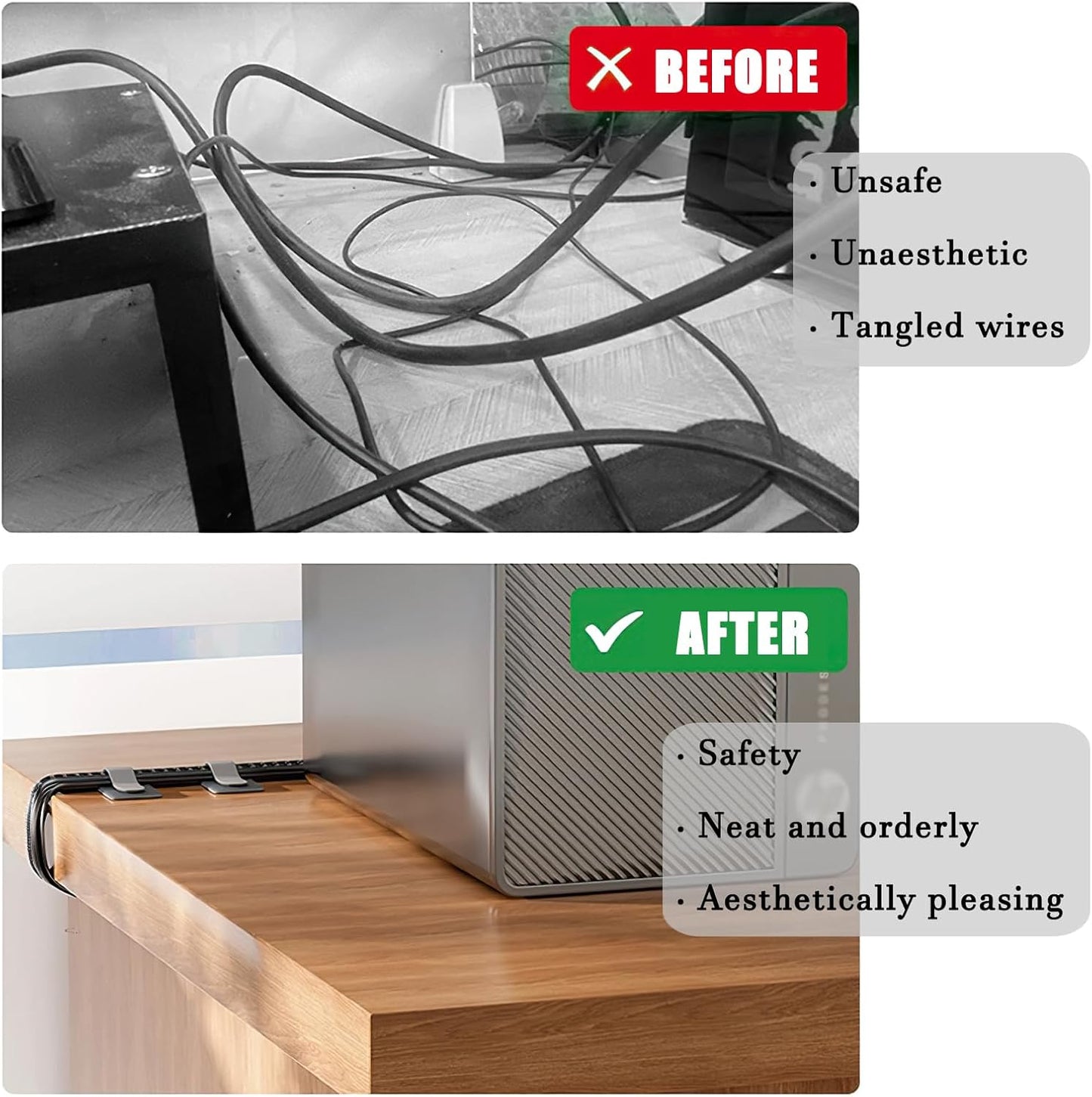 80PCS Hook and Loop Cable Ties, Hook and Loop Cable Straps, Under Desk Cable Management, Adhesive Cable Clips, Sticky-Back Cord Organizer for Desk, Household & Office Organization (Black+White)