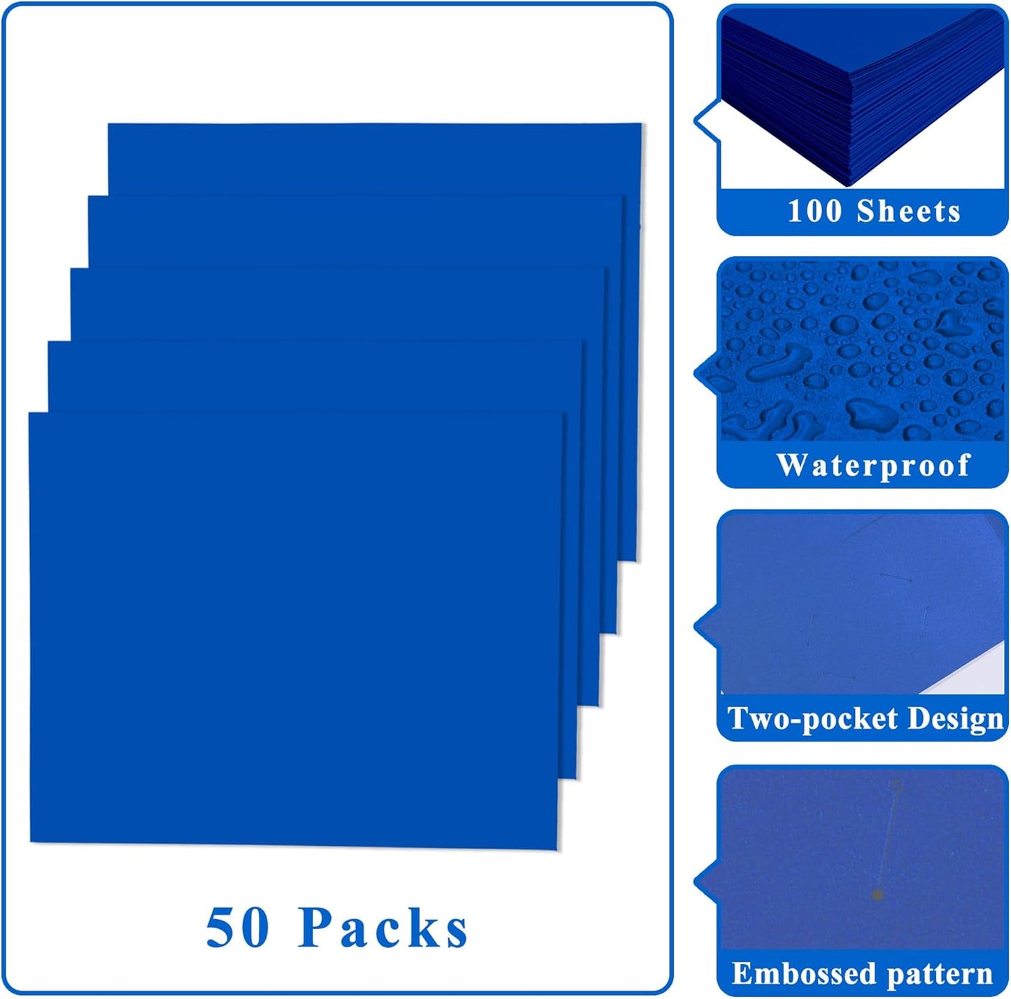 Zzrywuty File Folders with Pockets Letter Size, 50-Pack Paper Folders with Card Slot, Two Pocket Folders for School Students, Businessmen, Home and Office Workers（Blue）
