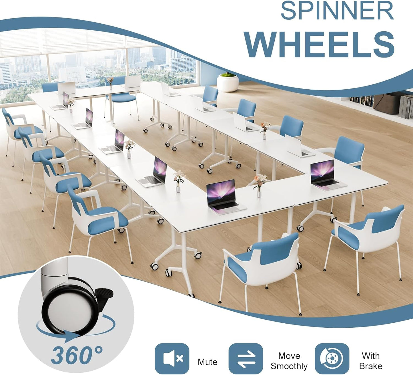 2Pack Folding Conference Room Table, Modern Conference Tables with Silent Wheels, Large Rectangular Mobile Training Tables for Office Classroom, Foldable Modular Seminar Table White (L55.1in)