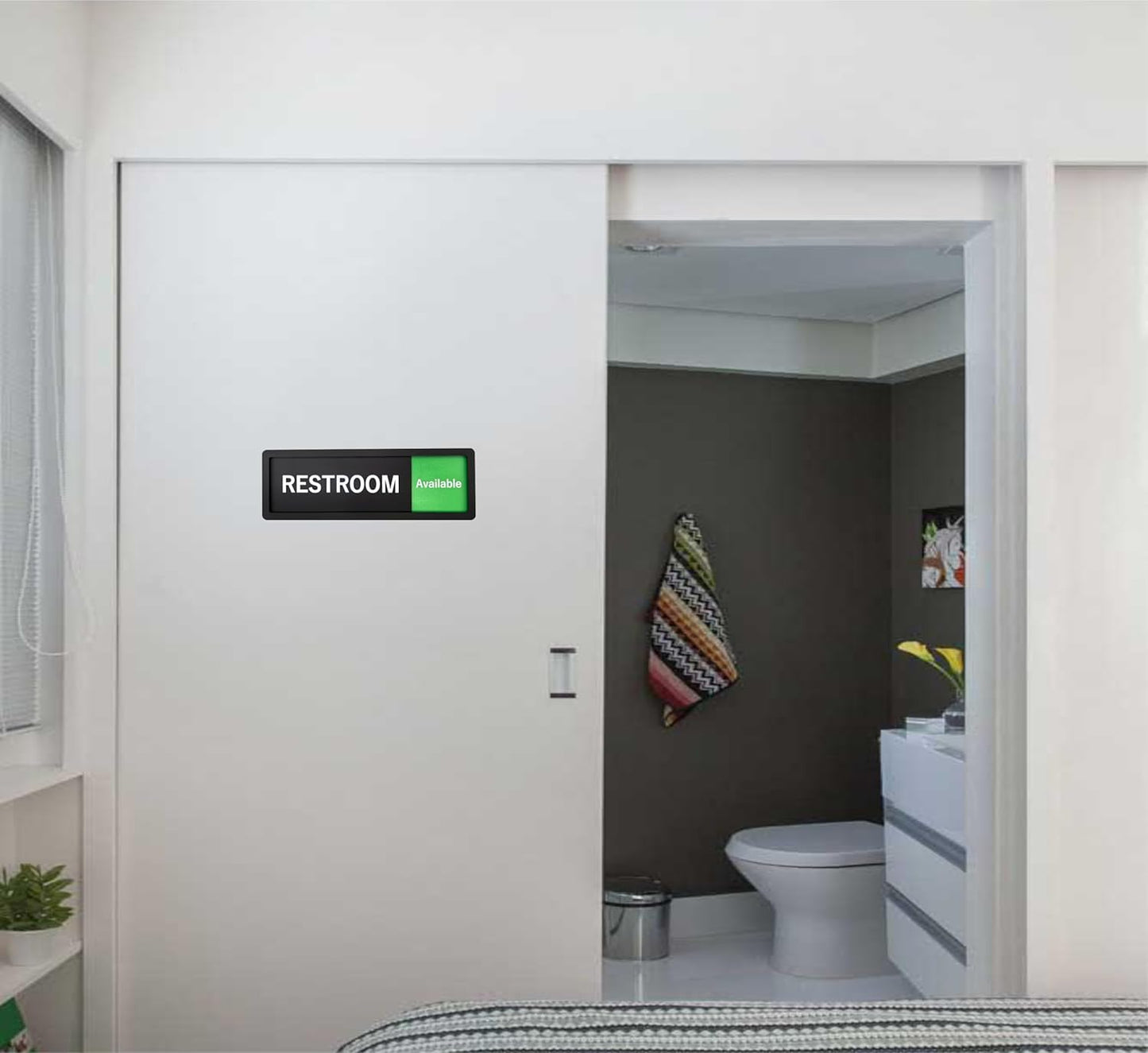 Restroom Sign – In Use / Available Slide Switch Sign ，Premium Durable Acrylic Material, Super Strong Self-Adhesive, Quick Installation, Suitable For Your Home And Business ( 9×3 Inches, Black) (Restroom)