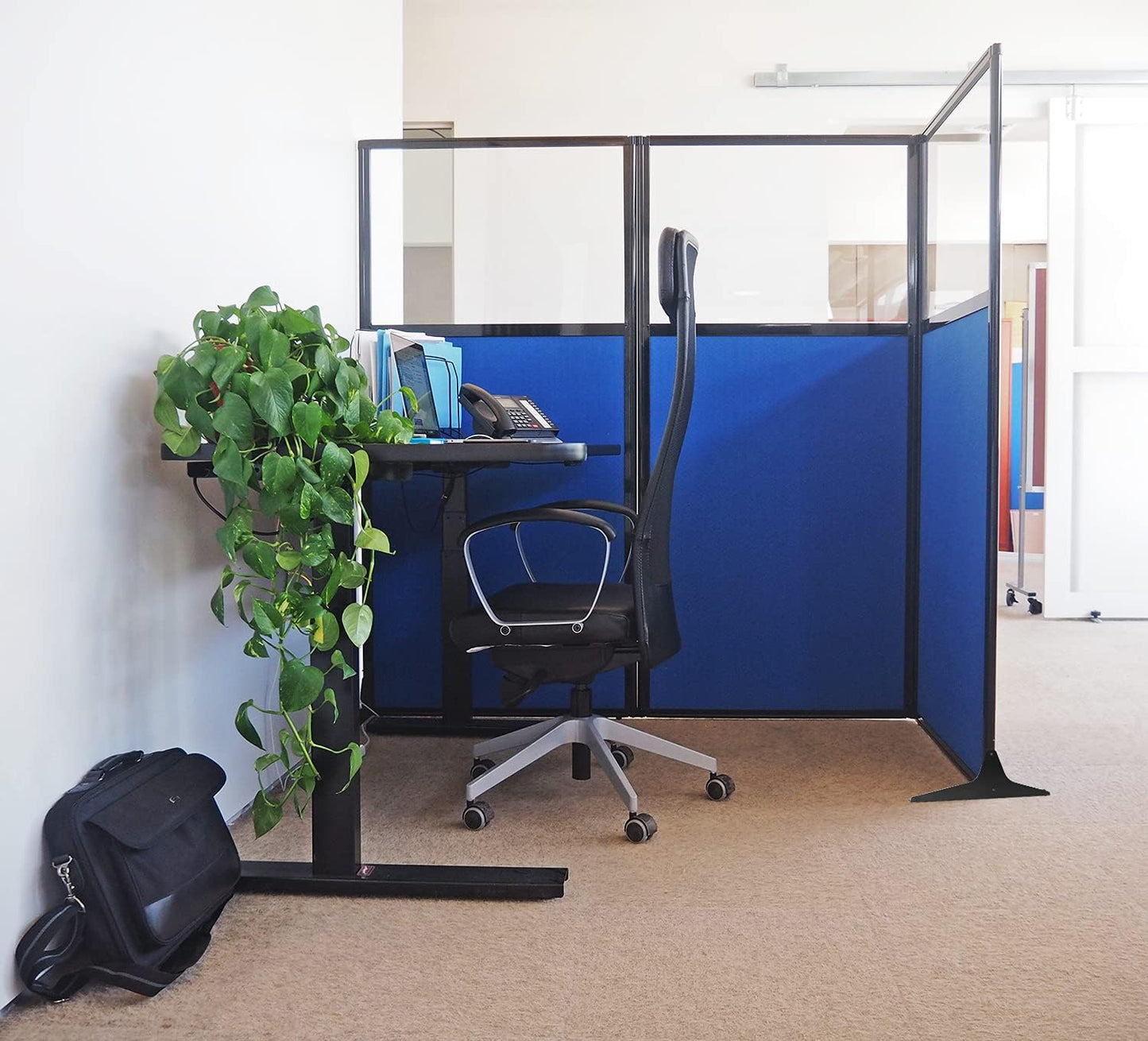 Versare Workstation Partition | Portable Wall Divider | Modern Office Cubicle | Free Standing Privacy Screen | Flexible Work Space | 33" x 70" W/Window, Powder Blue Fabric Panels
