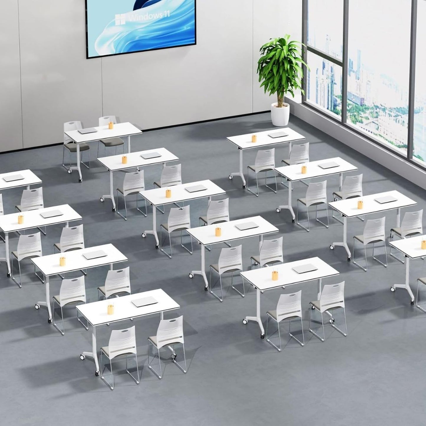 Folding Conference Room Table, Modern Mobile Training Table with Wheels, White Foldable Seminar Meeting Tables for Office Corporations (4pack 55.1in)