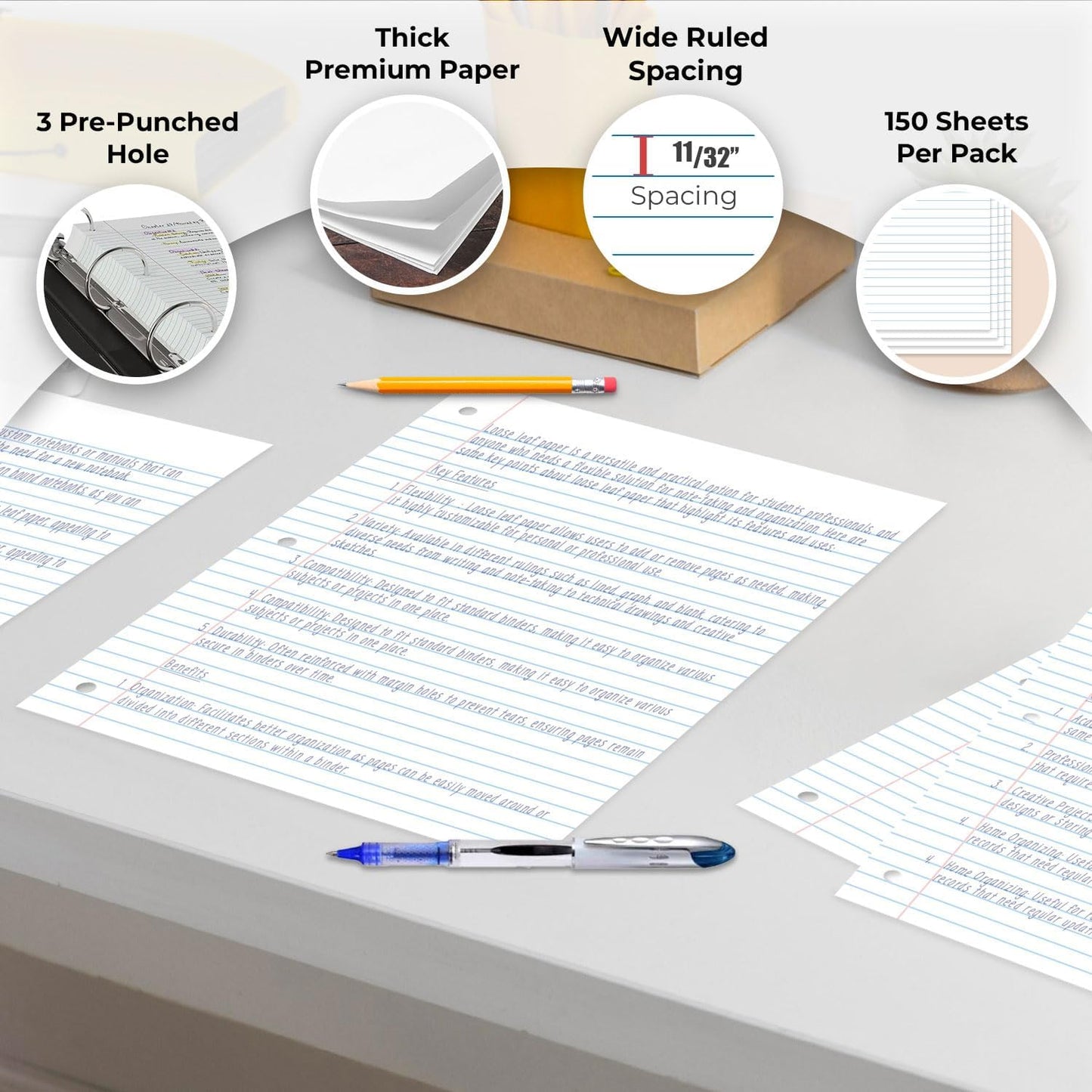 576 Pack (Pallet) Loose Leaf Paper Bulk, 86400 Sheets, Wide Ruled, Pallet of Filler Paper, 150 Sheets/Pack, 8 x 10.5", 3 Hole Punched, 56 Gsm Thick Sheets, School & Office, 4-7 Days Transit