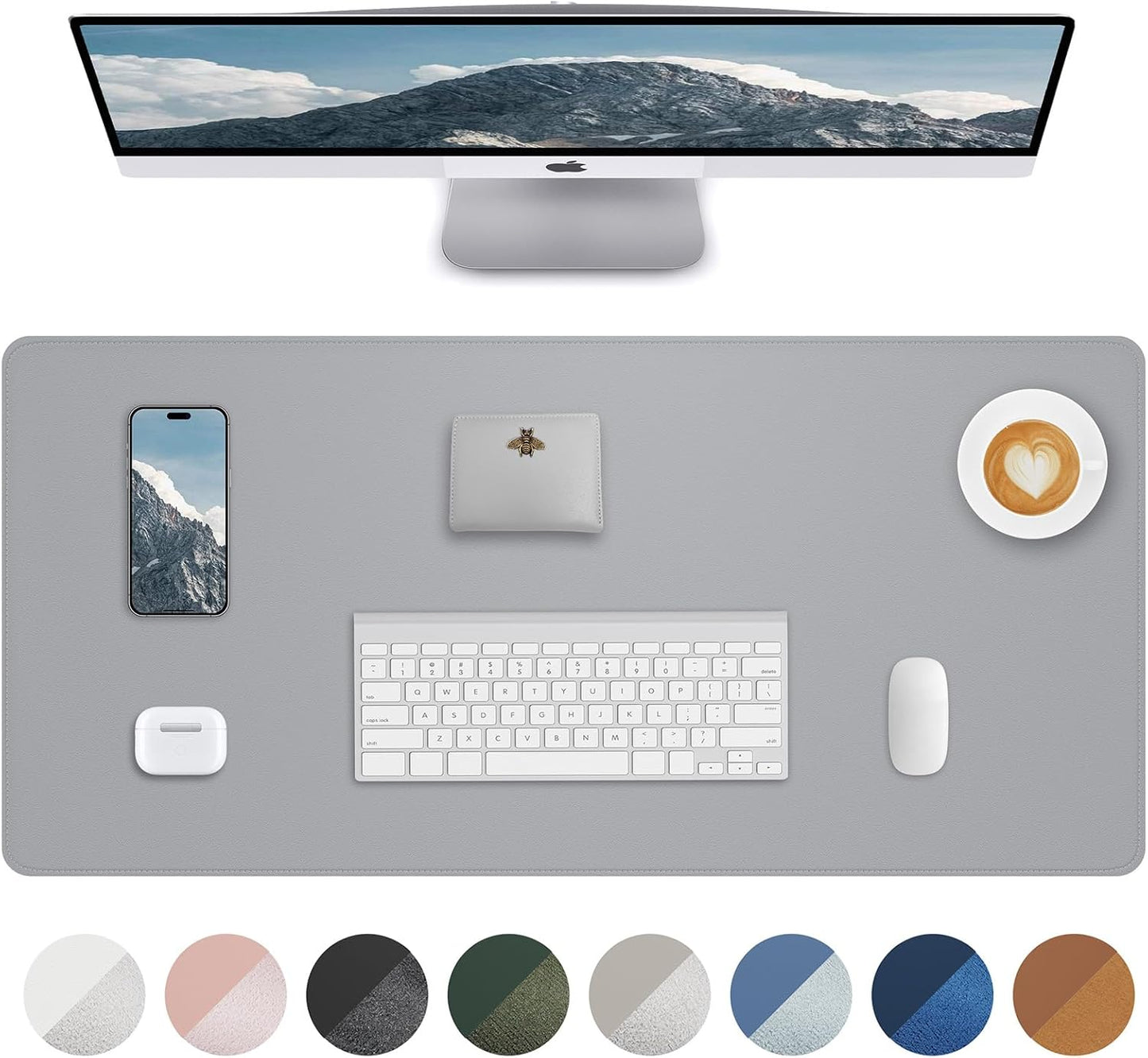 Leather Desk Pad Protector, Mouse Pad, Office Mat, Non-Slip PU Leather Blotter, Laptop Pad, Waterproof Writing Pad for Office and Home (Light Grey, 31.5" x 15.7")