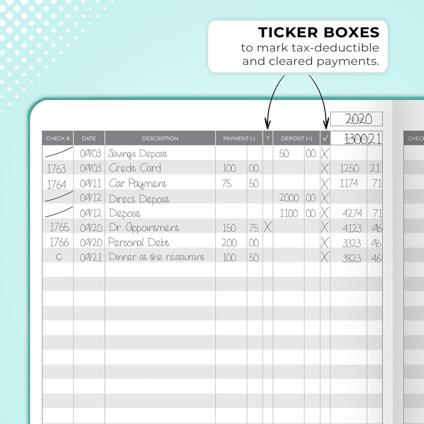 Clever Fox Check Register Book - Deluxe Transaction Register, Accounting Ledger Book, Checkbook Register & Checking Account Register Book for Personal and Work Use, Large Size, 7x10” - Turquoise