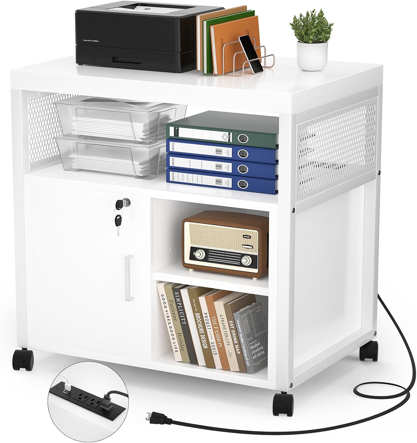 Unikito Rolling File Cabinet Lateral Office Filing Cabinets with Socket and USB Charging Port, Modern Printer Stand on Wheels, Printer Cabinet with Door and Open Storage, Lockable, White