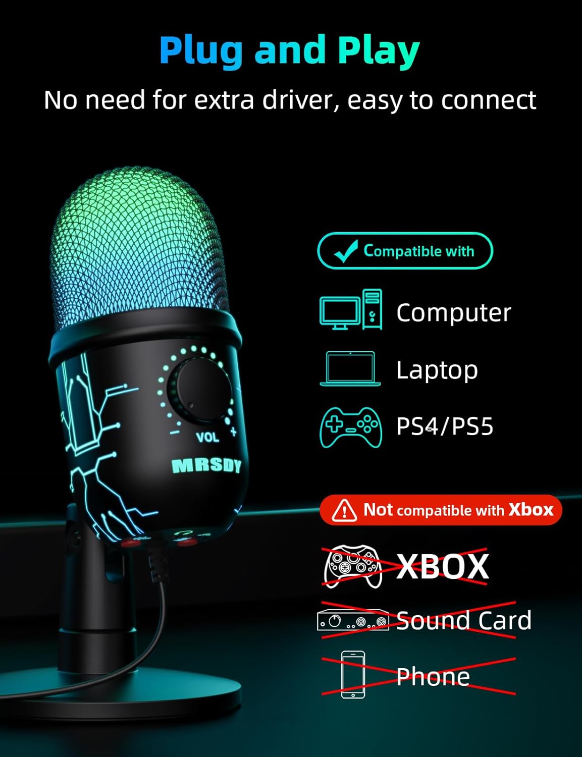 Gaming Microphone, USB Computer Microphone for PC, Mac, PS4/5, Condenser Podcast Mic for Studio Recording, YouTube, Streaming, with Headphone Jack, Led Light, Mute, Gain, Noise Cancellation