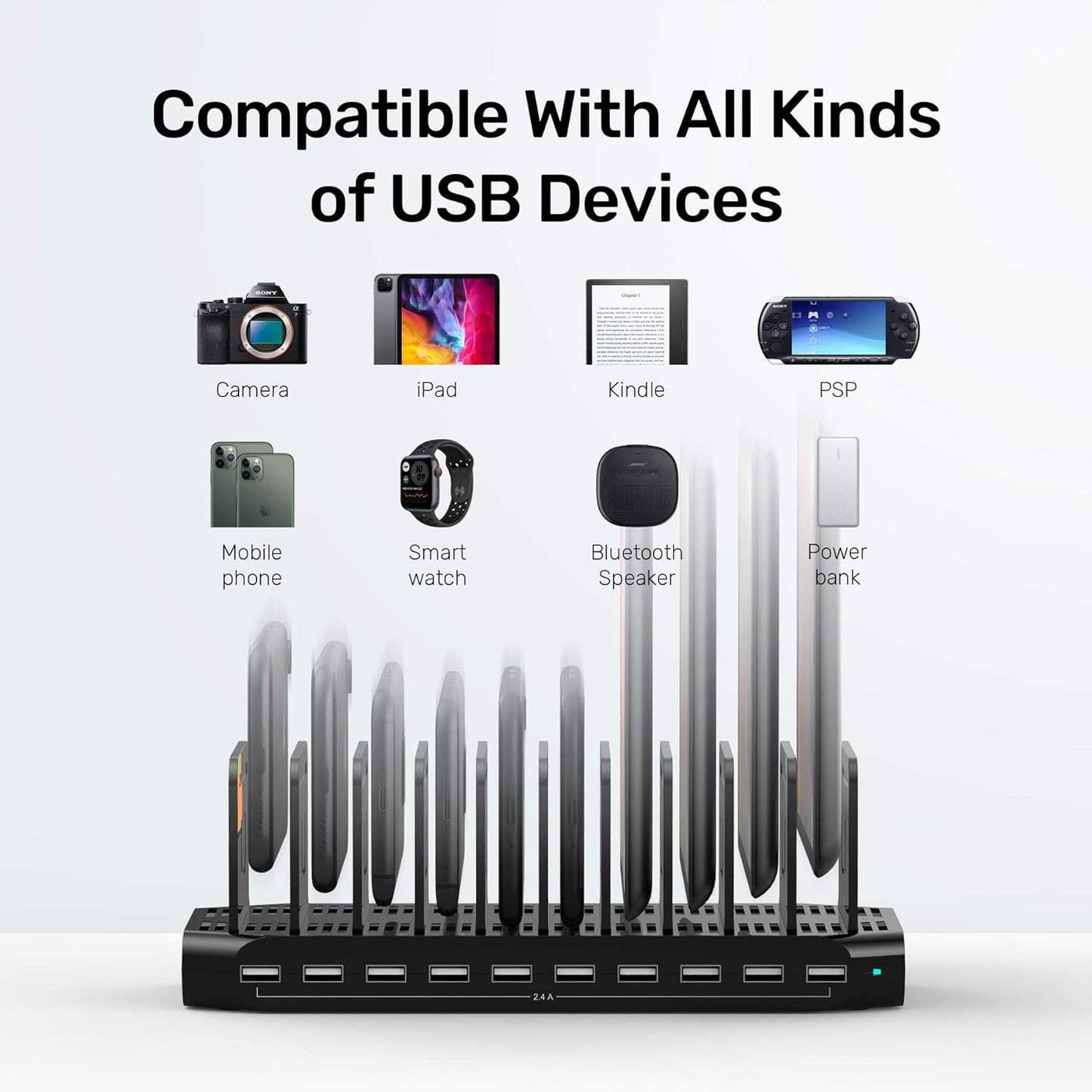 【10PCS】 Unitek Multi Charging Station, 10-Port USB Charger for Multiple Device with SmartIC Tech and Adjustable Dividers, Organizer Stand Compatible with iPad, Tablet, Kindle, iPhone - 10PCS, White