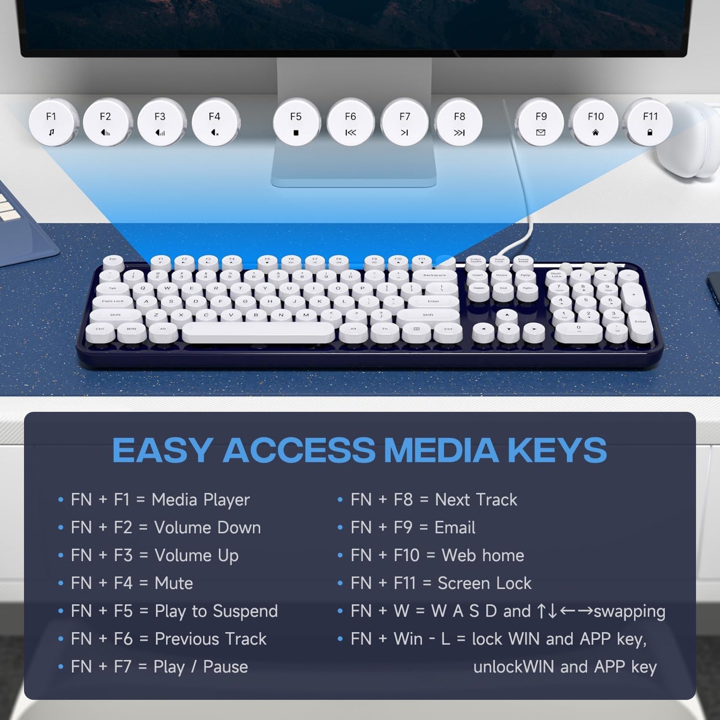 Wired Keyboard, 104 Keys Full-Sized Typewriter Keyboards, USB Plug and Play Office Keyboard with Number Pad, Caps Indicators, Foldable Stands for Windows, PC, Laptop, Desktop (Black)