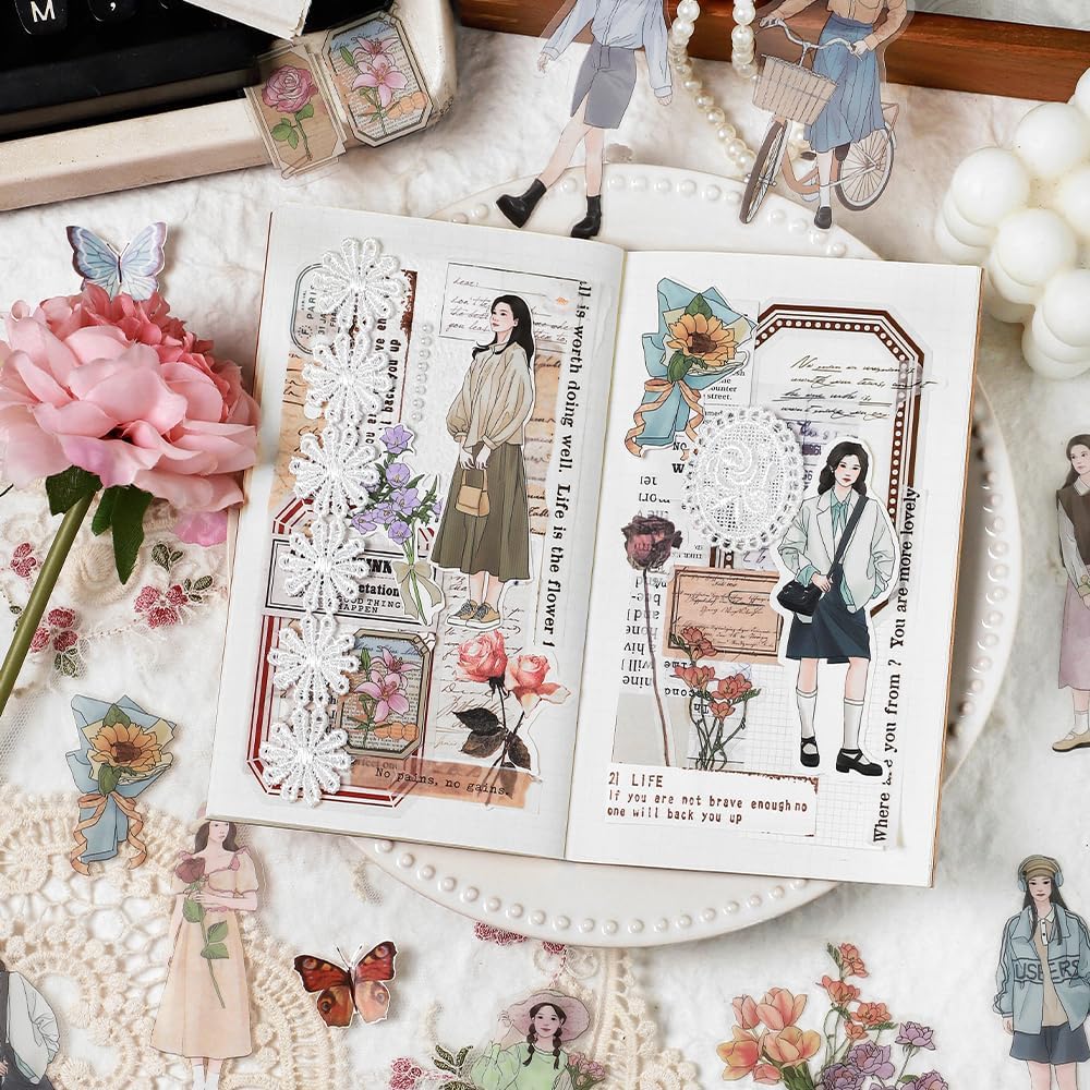 Alideco 120pcs Scrapbook Stickers Set Kawaii Vintage Fashion Girl People Stickers for Journaling Scrapbooking Junk Journal Crafts Embelishment Decoration Diary (langmanjiangzhi)