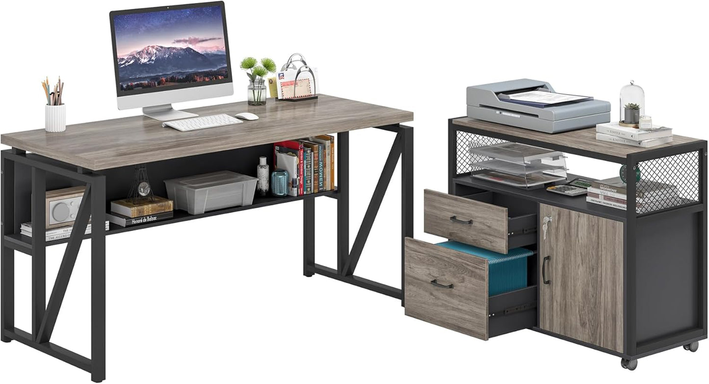 Tribesigns Office Desk with Drawers Sets, 55 inches L Shaped Computer Desk with Mobile File Cabinet,Big Executive Desk for Home Office Furniture Sets (Dark Oak, 55-inch)