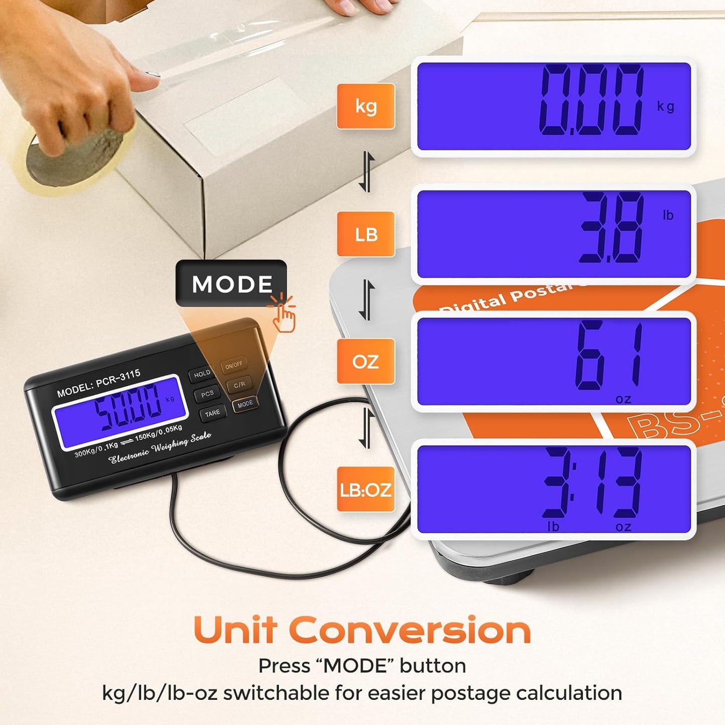 Bonvoisin Postal Scale Digital 300kg/ 660lb Parcel Shipping Scale kg/oz/lb Switchable, Heavy Duty Package Scale for Weighing Boxes/Luggage with Stainless Steel Platform 4 AA Batteries & Power Adapter