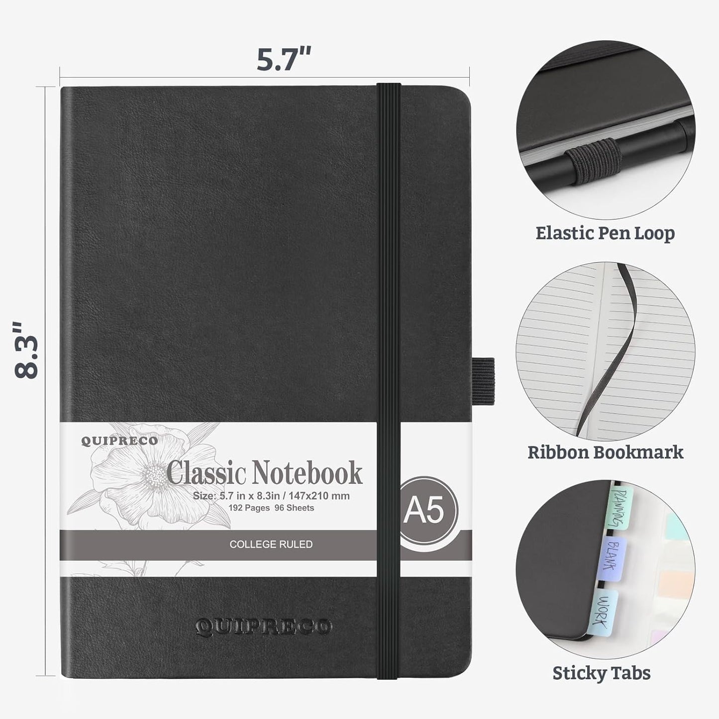 Hardcover Lined Bullet Dotted Journal Notebook, A5 140 192 Pages 100 120Gsm Paper College ruled for School,Work,Travel,and Daily Planning，5.7''*8.3'' (2, Black, A5 Lined)