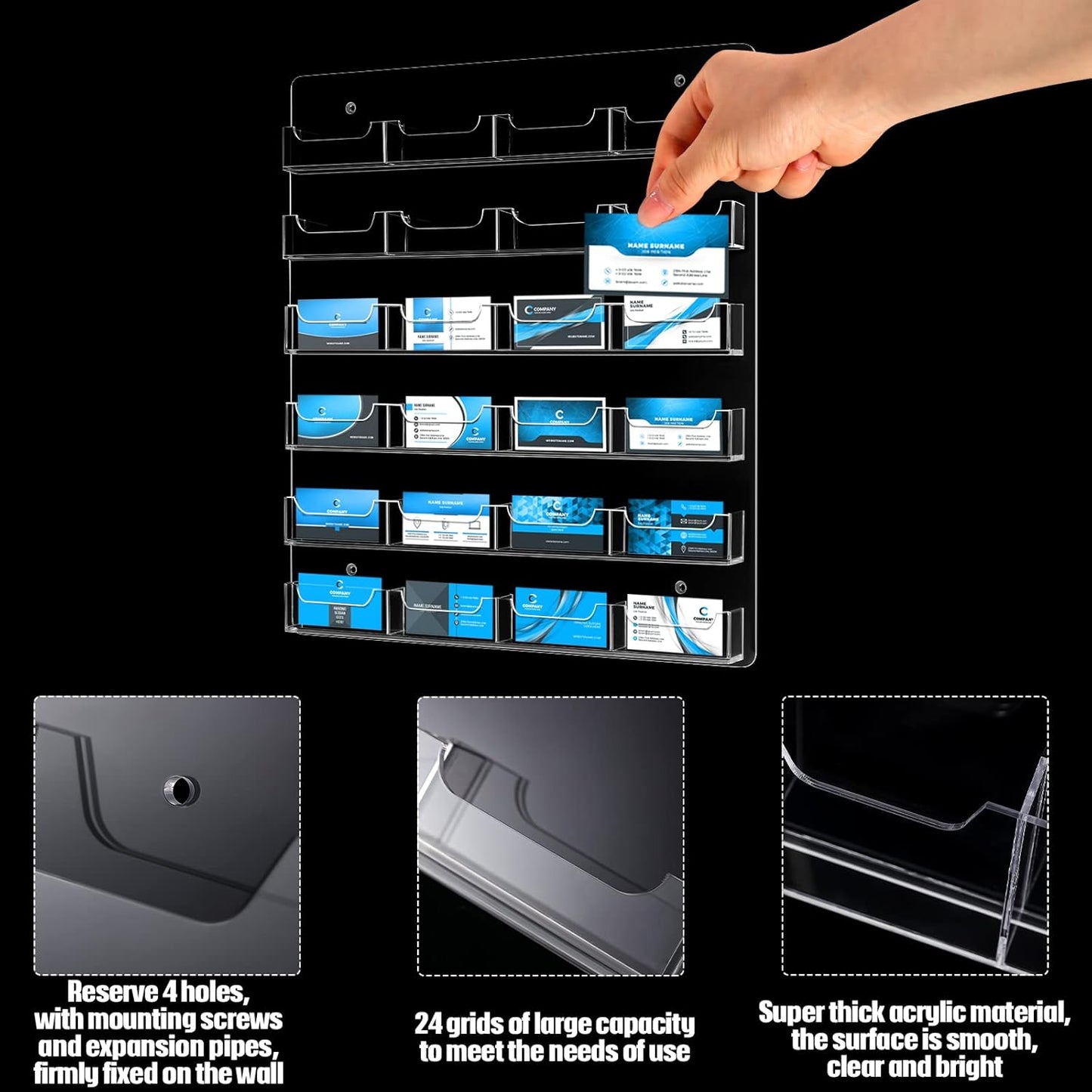 Lincia 2 Pieces Acrylic Business Card Holder Wall Mount Clear Sticker Display Rack Multiple Clear Acrylic Card Organizer Sticker Display Stand Pre Drilled Index Card Storage (24 Pockets)