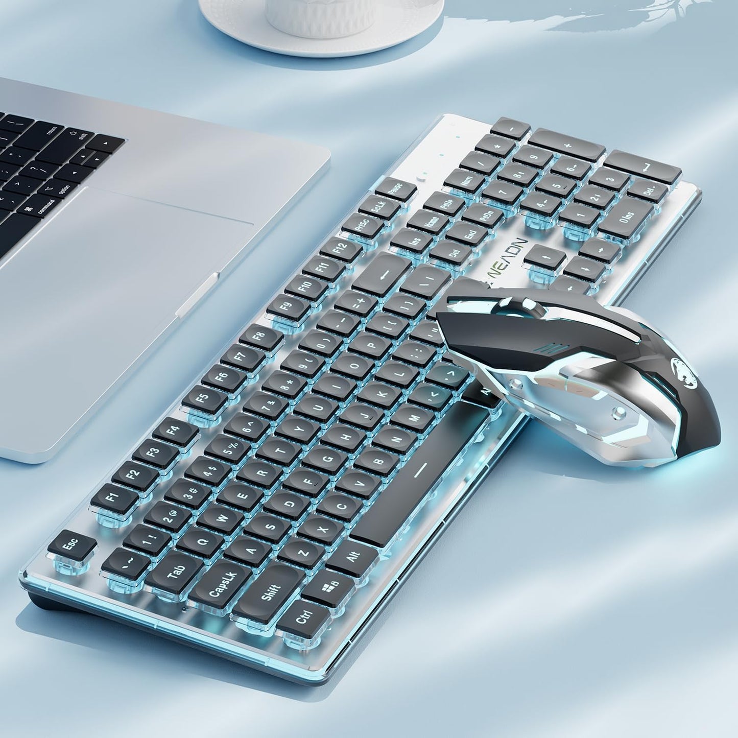 EWEADN V3 Wireless Keyboard and Mouse with Blue Backlit, Metal Panel, Bluetooth/2.4G Rechargeable Computer Keyboard and Mouse Combo Silent Lighted Full Size Cordless Keyboards-Black