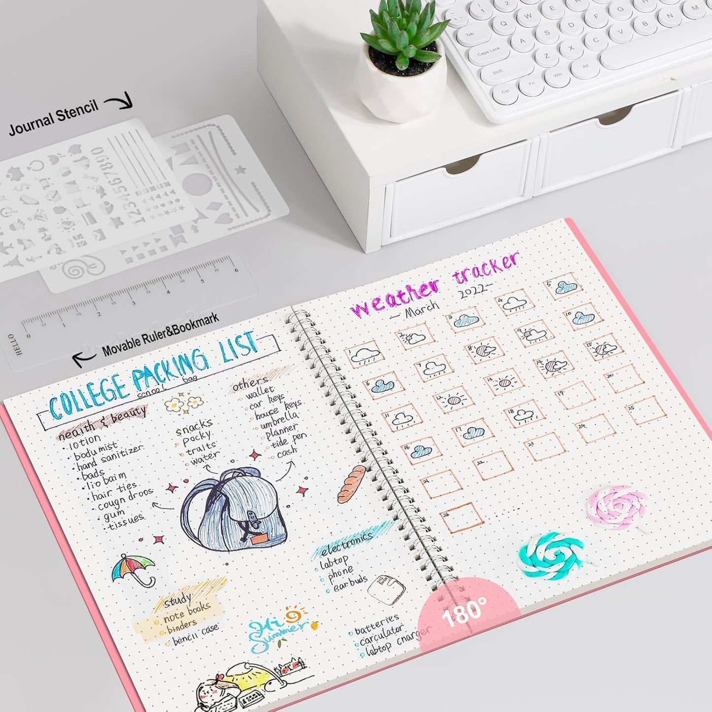 AHGXG Bullet Dotted Journal - Dot Grid Spiral Notebook 8.5" x 11", A4 Large Dotted Notebook, 100 GSM Thick Paper, Waterproof Plastic Cover Journals for Bullet Journaling, Sketching, Pink