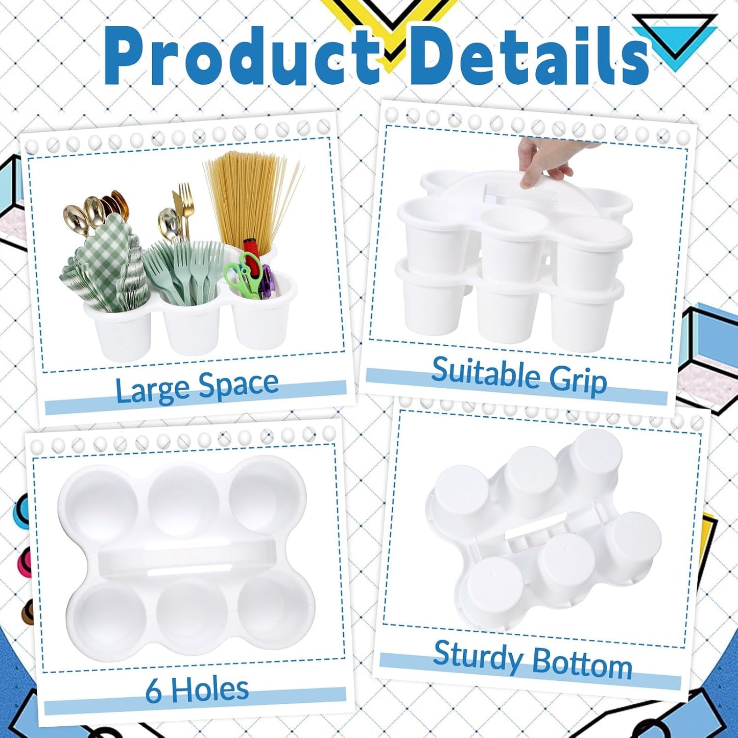 6 Pack Classroom Caddy with Handle Plastic Storage Caddy Organizer with 6 Compartments Drink Cup Caddies Holder Portable Storage Bin for Pencil, Crayon, Marker, Home, Office, School Supplies(White)