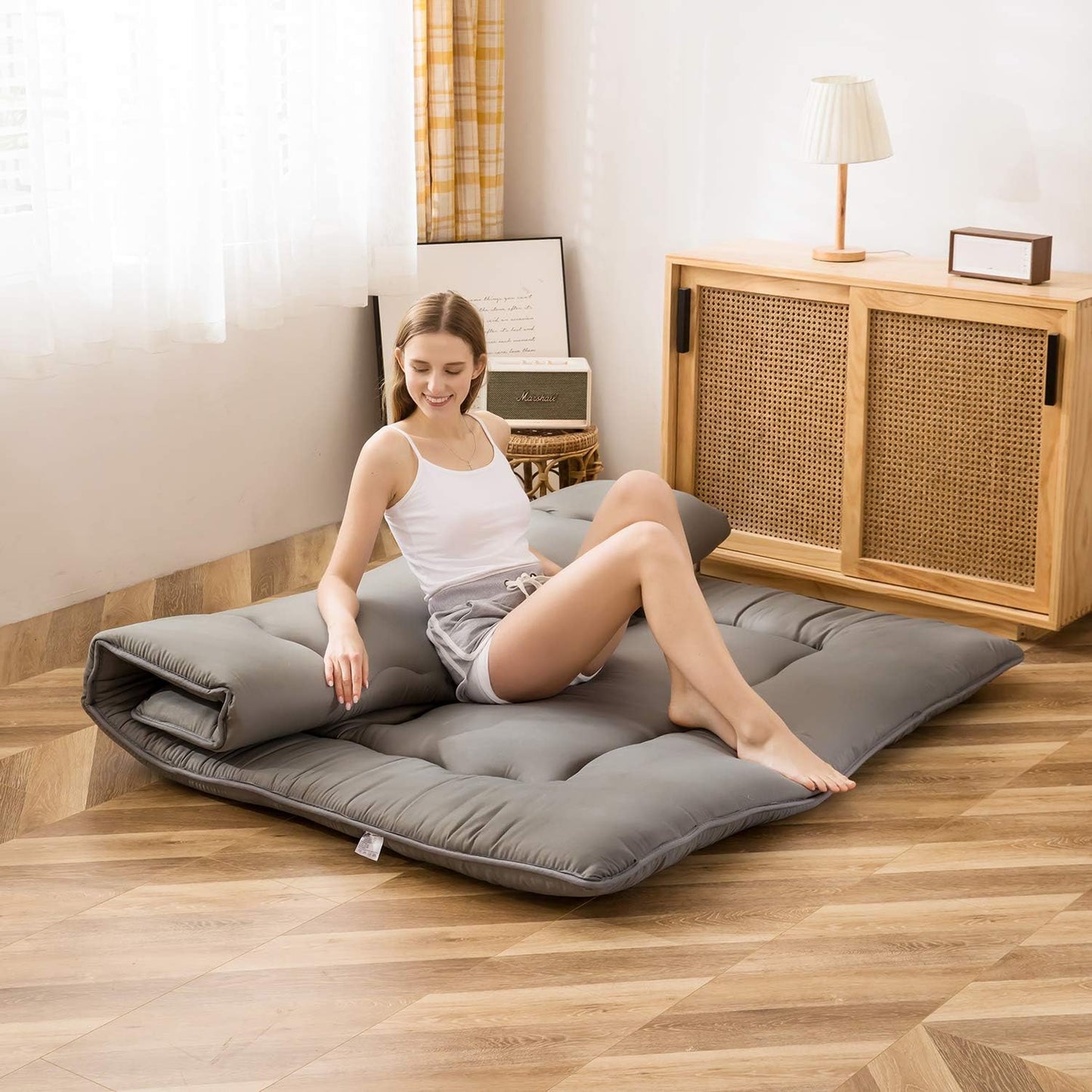 Japanese Shiki Futon Mattress Floor Mattress Thicken Tatami Mat Sleeping Pad Roll Up Mattress Floor Lounger Bed Folding Couch Bed Mattress Pad for Guest Room, Charcoal Grey, King