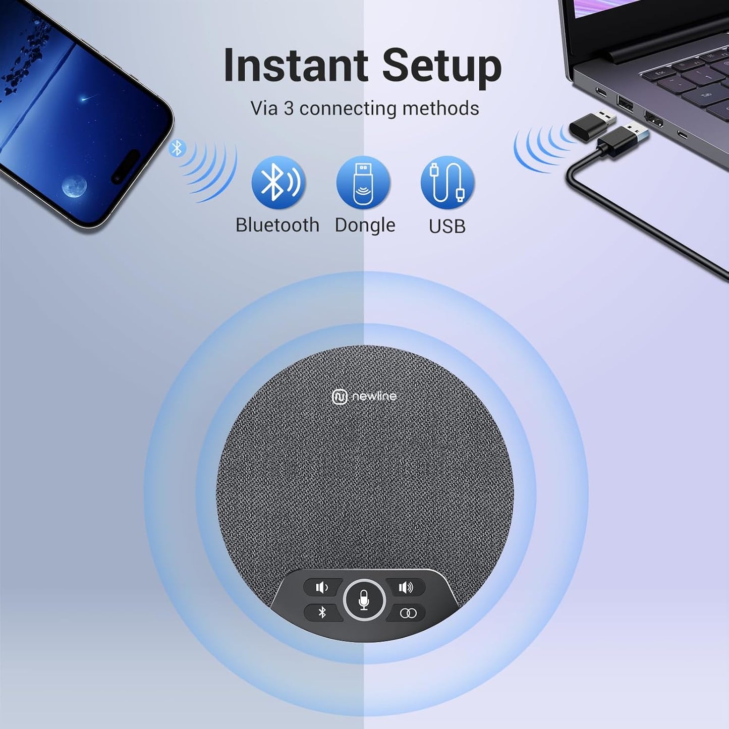 N newline Conference Speaker and Microphone, 4 AI Mics 360° Voice Pickup, Plug & Play, Bluetooth Speakerphone w/dongle, Wireless Daisy Chaining, Noise Reduction, for Meeting, Home Office, NewPie 91