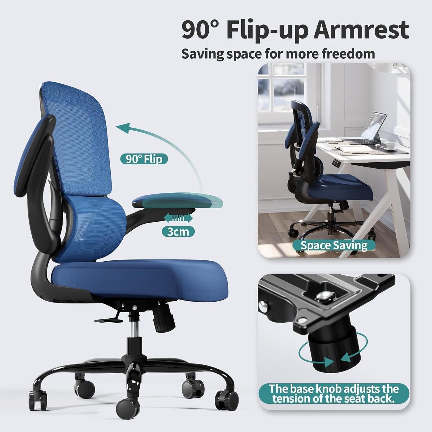 TRALT Office Chair - Ergonomic Desk Chair with Adjustable Lumbar Support, Mesh Computer Chair, Executive Chairs for Home Office Comfortable Lumbar Support (Deep Blue)