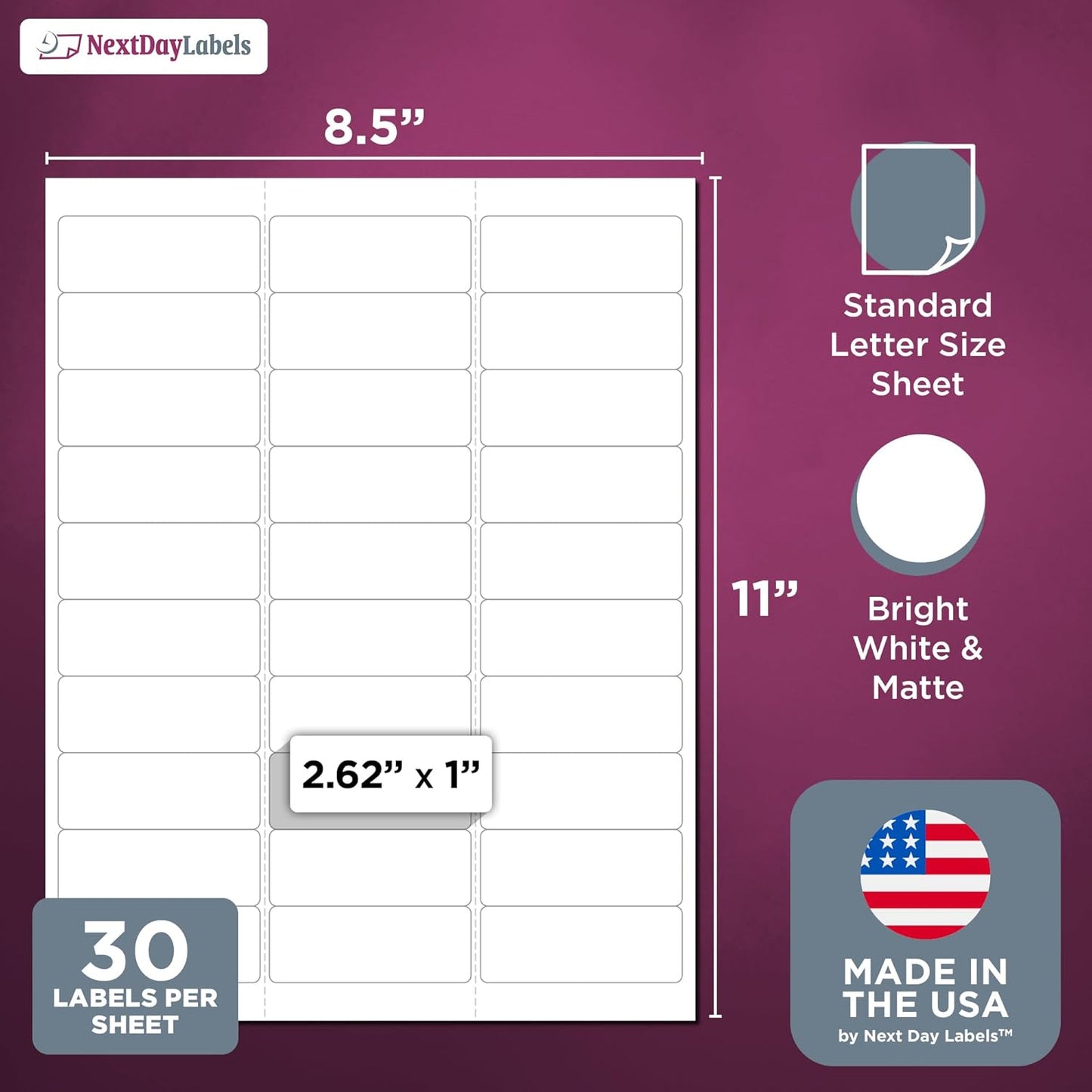 NextDayLabels - 2.5/8" x 1" Rectangular Sticker Labels for Printer - White Laser/Inkjet Printer Labels Return Address Labels Shipping Label Stickers (50 Sheets, 30 Per Sheet, 1500 Labels)