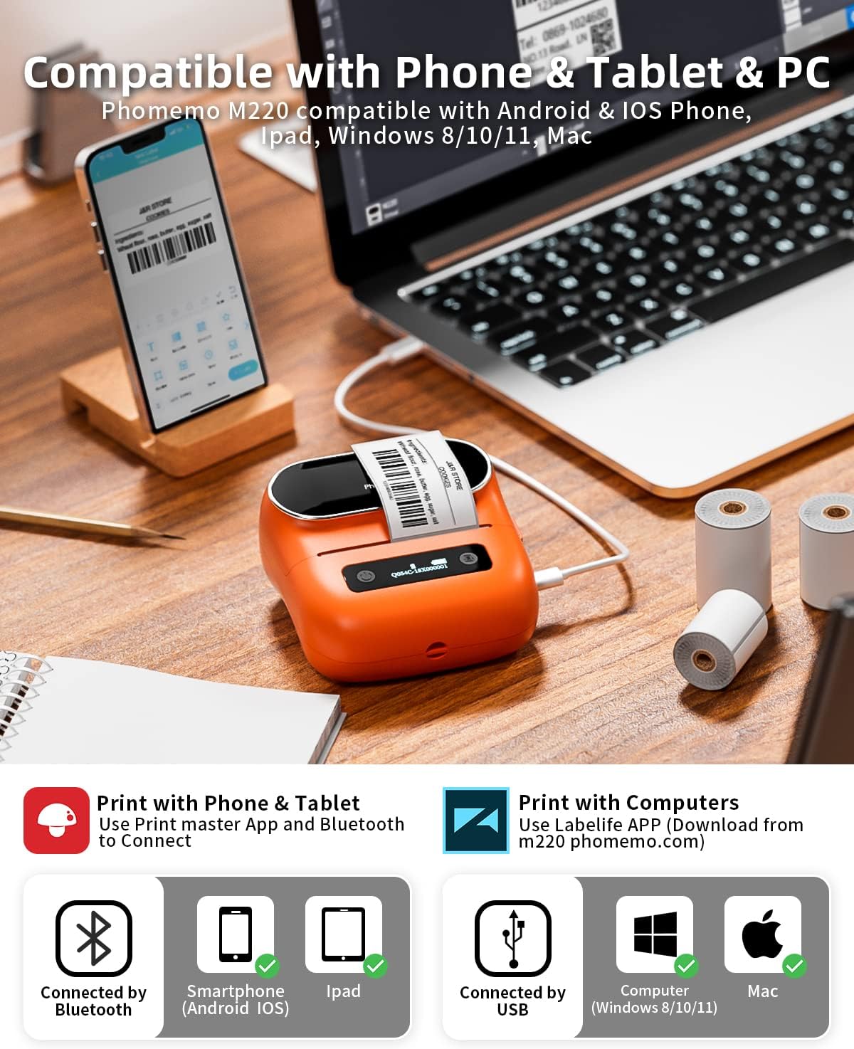 Phomemo M220 Label Maker, New Flagship Barcode Printer, 3.14 '' Bluetooth Thermal Label Printer, for Address, Mailing, Files,Small Printer Compatible with Android, iOS,with 3 Label, 80mm