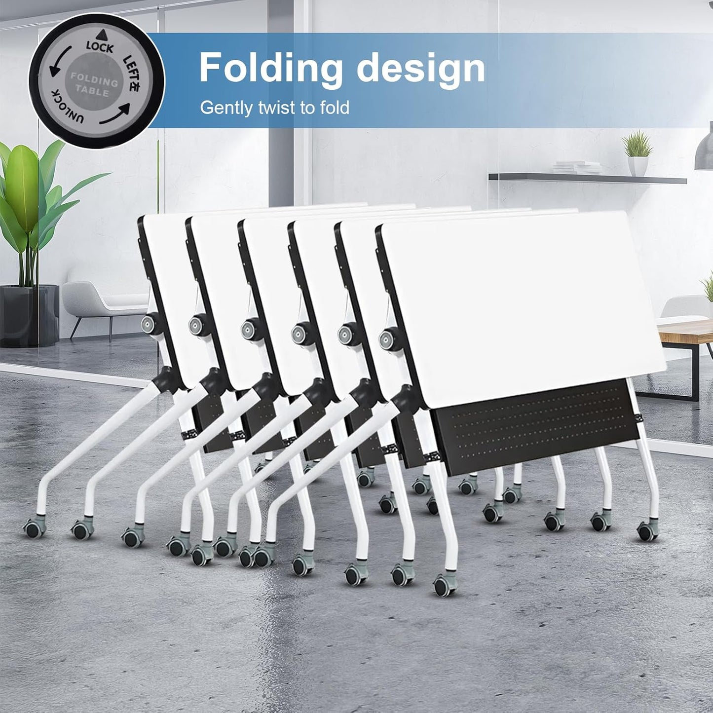 Conference Table, Folding Conference Room Tables, Mobile Training Tables with Silent Wheels, Large Rectangular Modular Seminar Table Office Computer Desks for Classroom White (8Pack L47.2in)