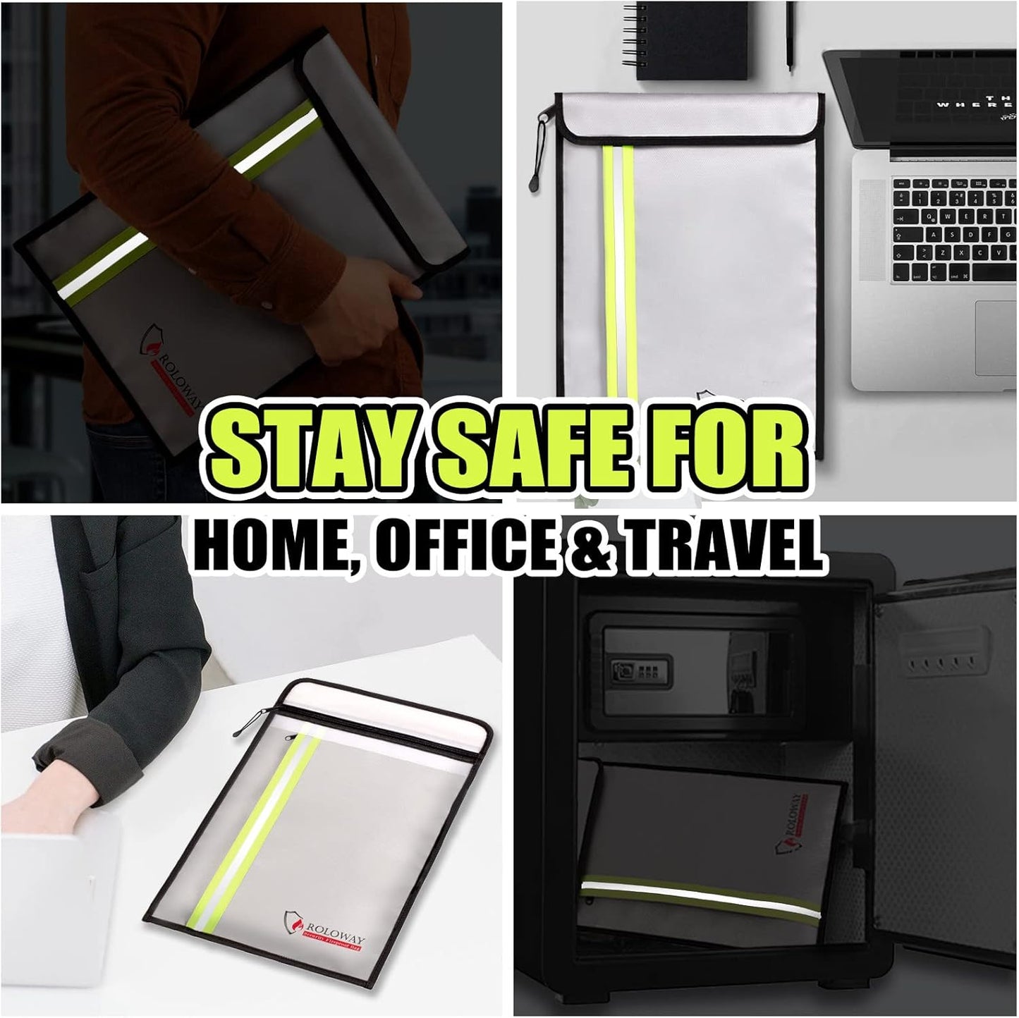 ROLOWAY Fireproof Document Bag (15 x 11 inch) with 2 Pockets, Fire Safe Envelope Bag for Cash, Legal Documents (Silver)