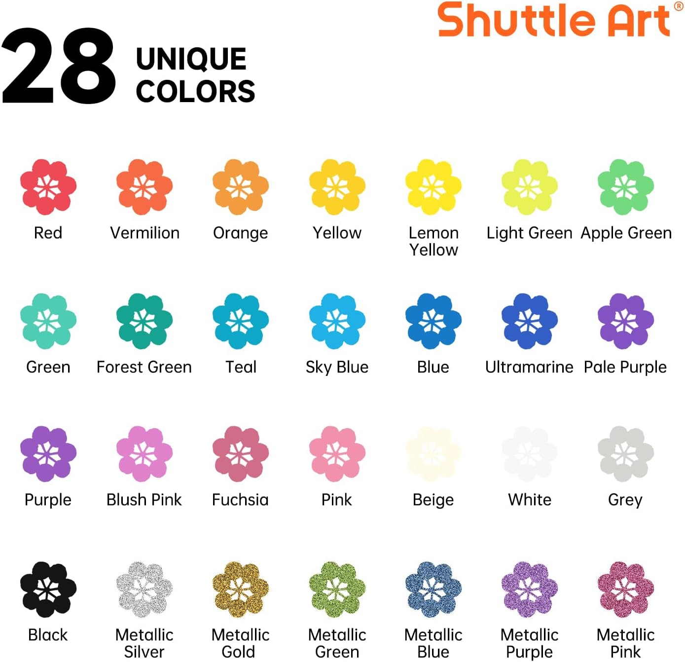 Shuttle Art 28 Colors Dual Tip Acrylic Paint Markers, Brush Tip and Dot Tip Acrylic Paint Pens for Rock Painting, Ceramic, Wood, Canvas, Plastic, Glass, Stone, Calligraphy, Card Making, DIY Crafts