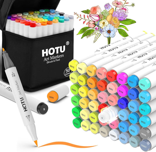 Alcohol Markers Brush Tip - 50 Colors Dual Tip Markers, Brush & Fine Alcohol-based Art Marker Set for Kids Adults Coloring Illustration, Alcohol Sketch Pens with Carrying Case, Non-Bleeding Pad