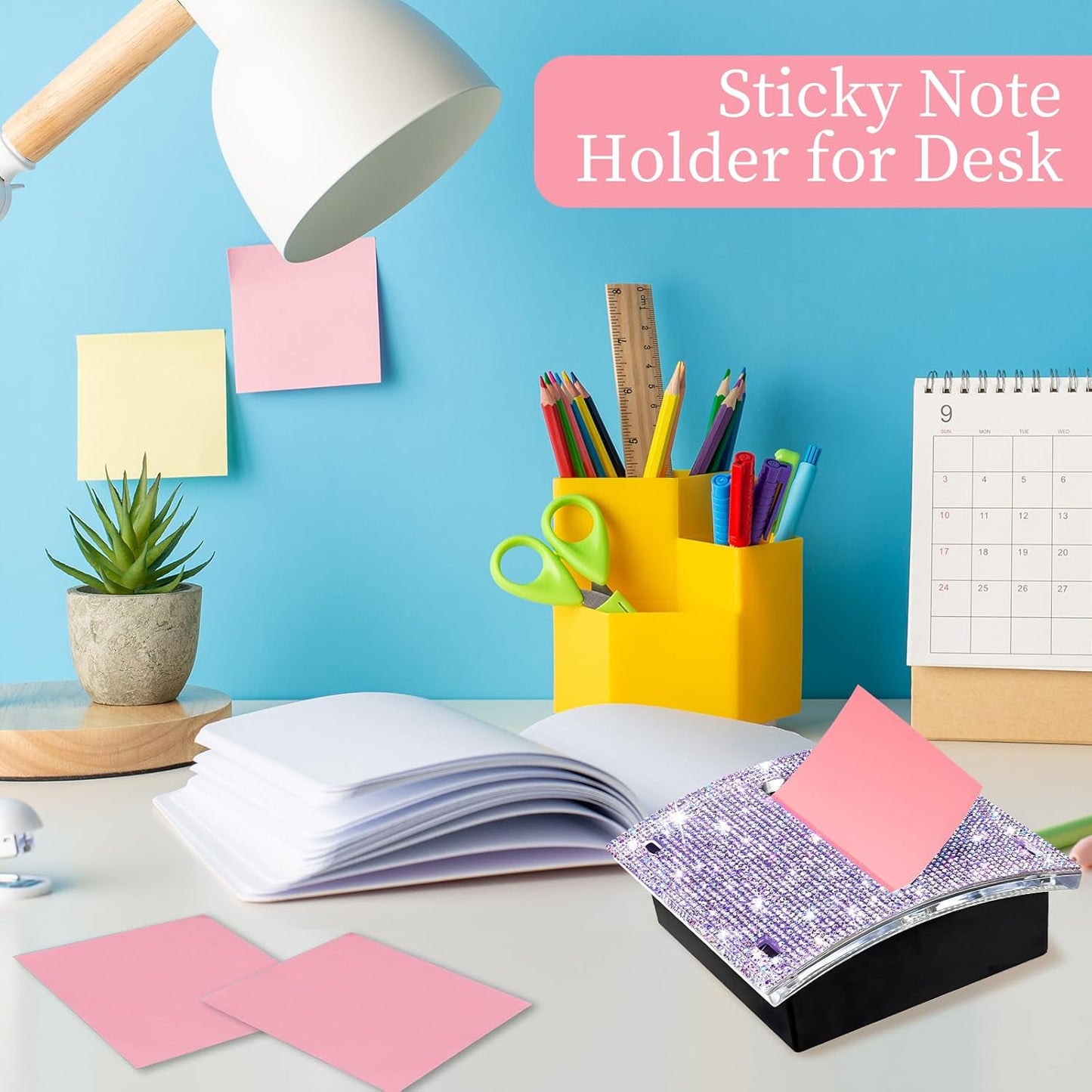 Rhinestone Self Sticky Note Holder Post it Note Dispenser Pop-Up Sticky Notes Dispenser 3 x 3 inch Post it Dispenser for Office Desk Accessories(Purple)