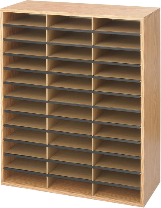Safco Literature Organizer, 36 Compartments, Office and Classroom Mailbox with Adjustable Shelves, Wood Paper and Mail Sorter, Medium Oak