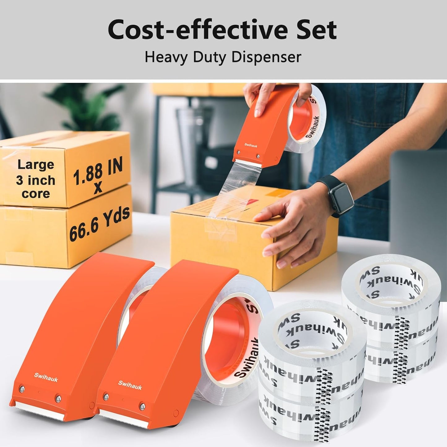 Swihauk 1.88 in x 66.6 YDs Heavy Duty Packing Tape with Dispenser, Strong & Durable Shipping Tape, Packaging Tape, Clear Package Tape for Shipping Moving Storage and Mailing, 6 Roll + 2 Dispenser