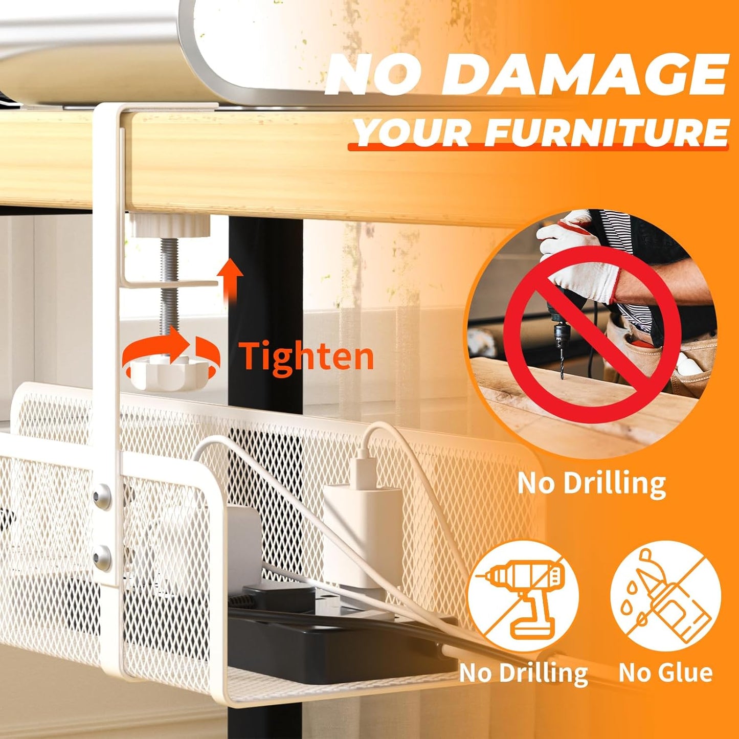 Under Desk Cable Management Tray, Wire Management Desk Cable Organizer Cable Management Box, Cord Organizer Under Desk Storage Cable Raceways for Office, Home - No Damage to Desk No Drill
