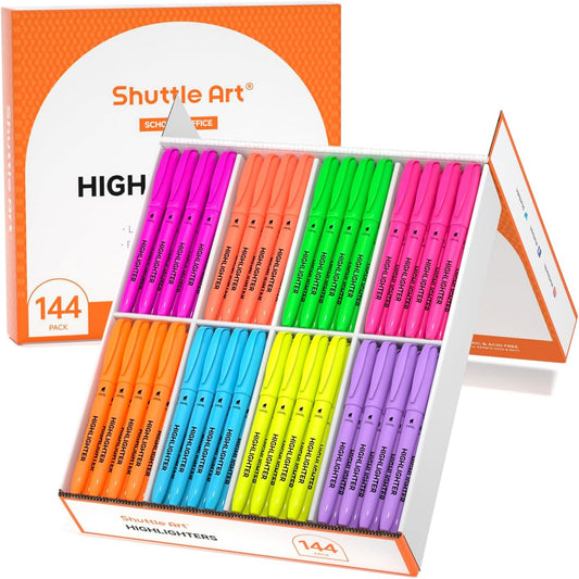 Shuttle Art 144 Pack Highlighters, Highlighters Assorted Colors Set, 8 Bright Colors Chisel Tip Highlighter Markers Bulk for Kid and Adult Coloring, Highlighting as School Supplies