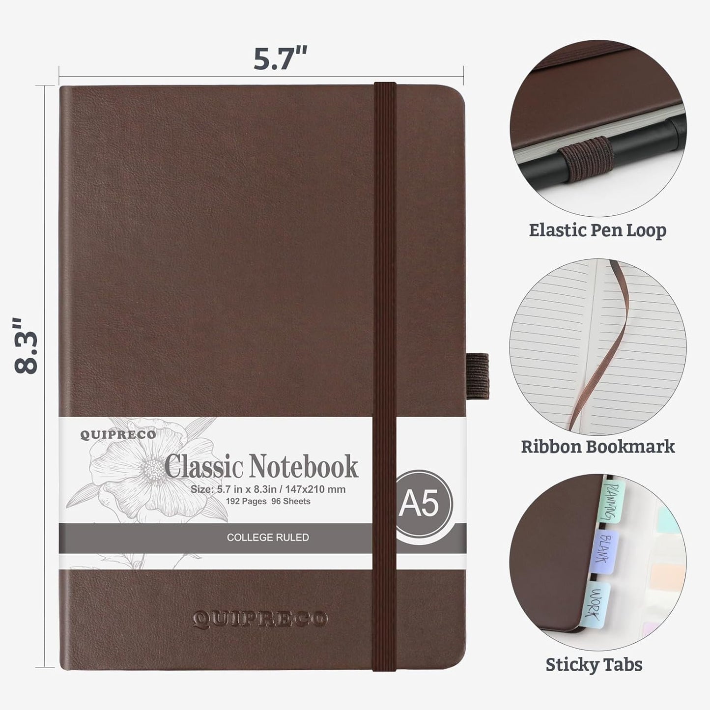 Hardcover Lined Bullet Dotted Journal Notebook, A5 140 192 Pages 100 120Gsm Paper College ruled for School,Work,Travel,and Daily Planning，5.7''*8.3'' (2, Brown, A5 Lined)